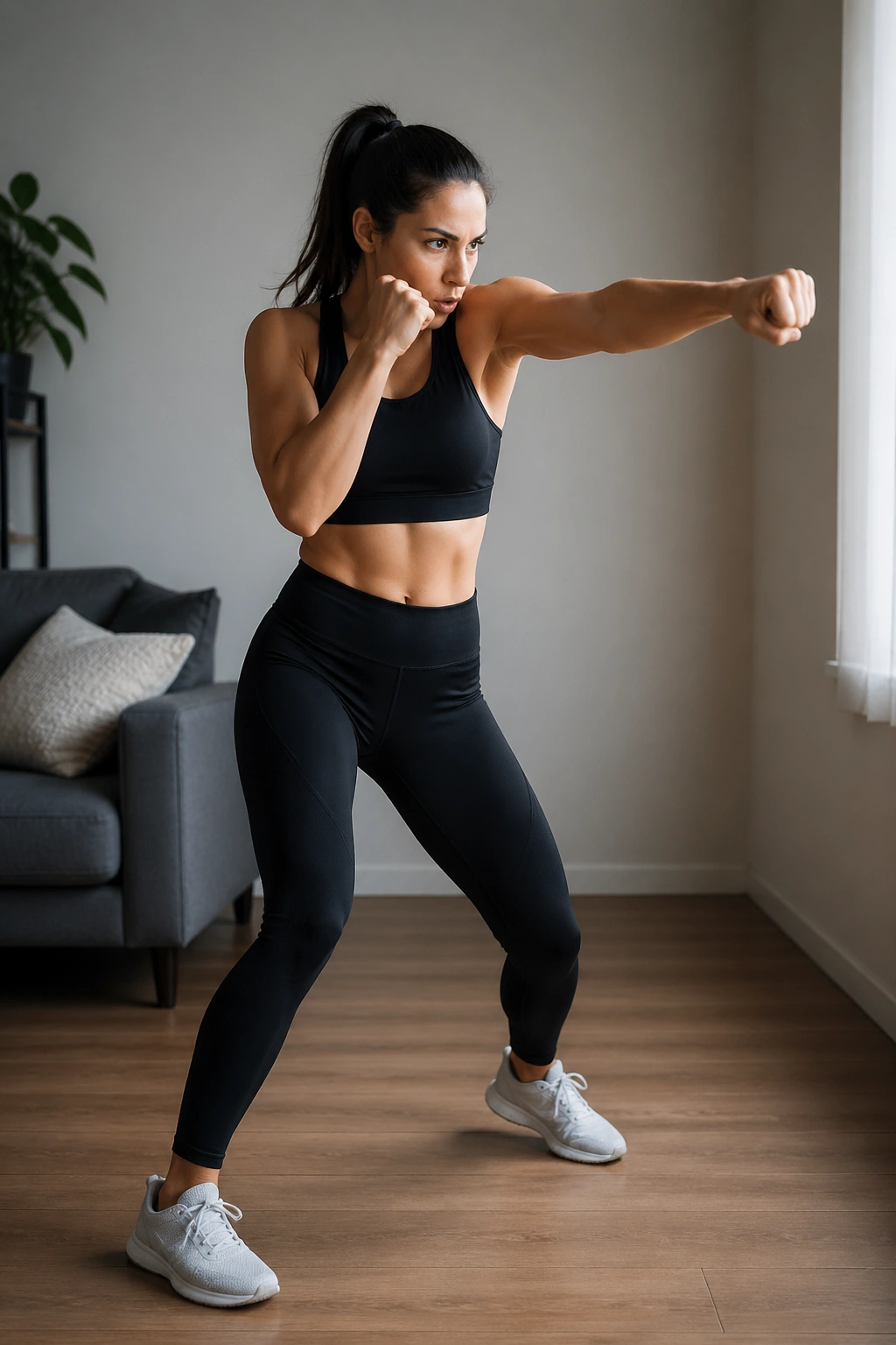 Real person shadow boxing in a living room