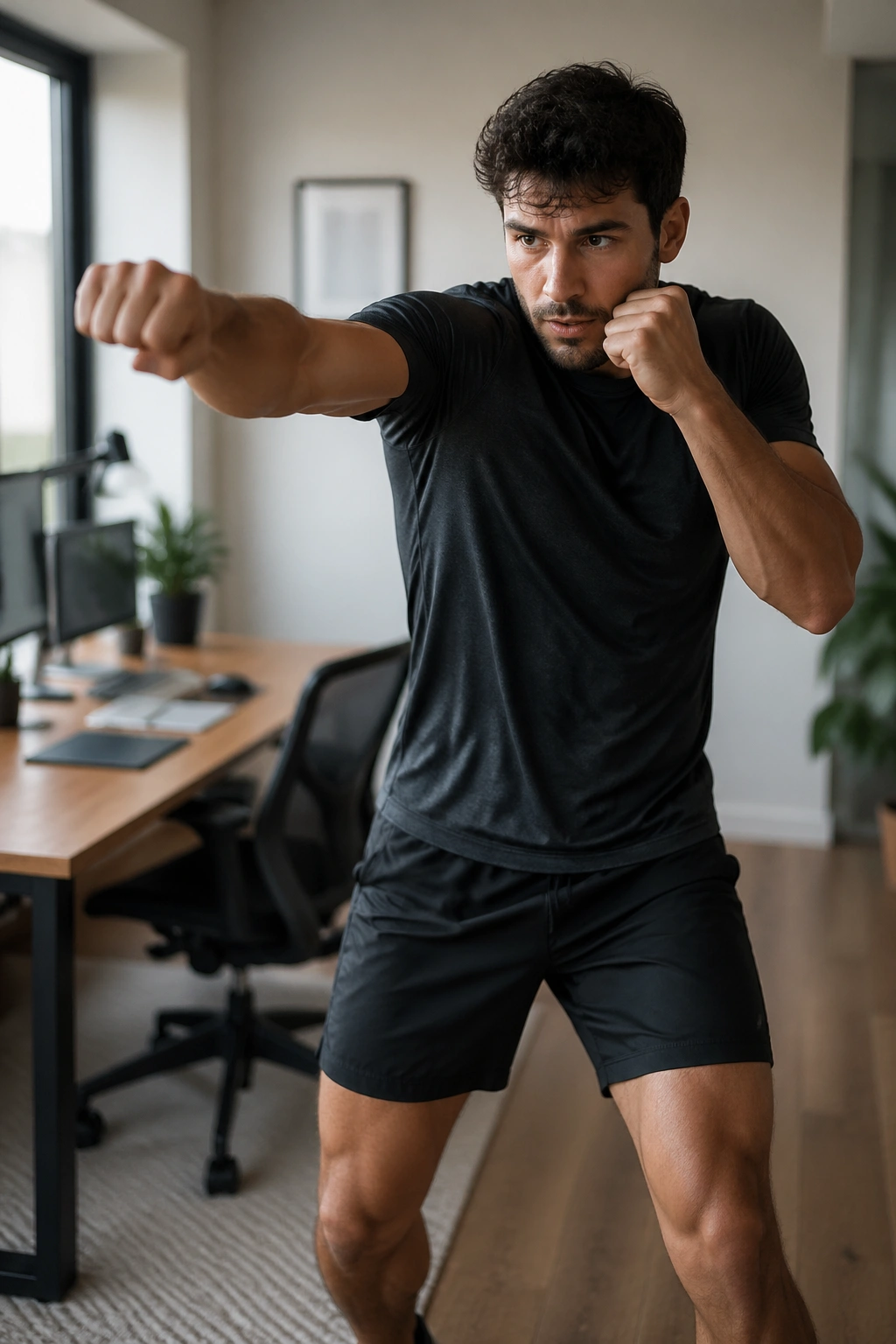 Person shadow boxing in a compact office