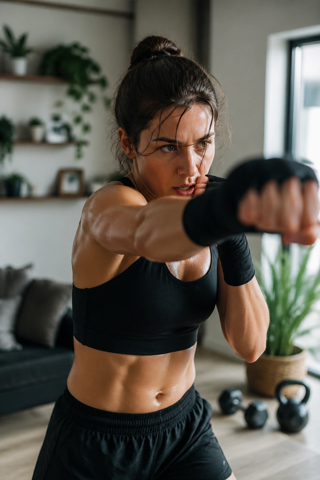 Real person shadow boxing in living room during Tabata rounds