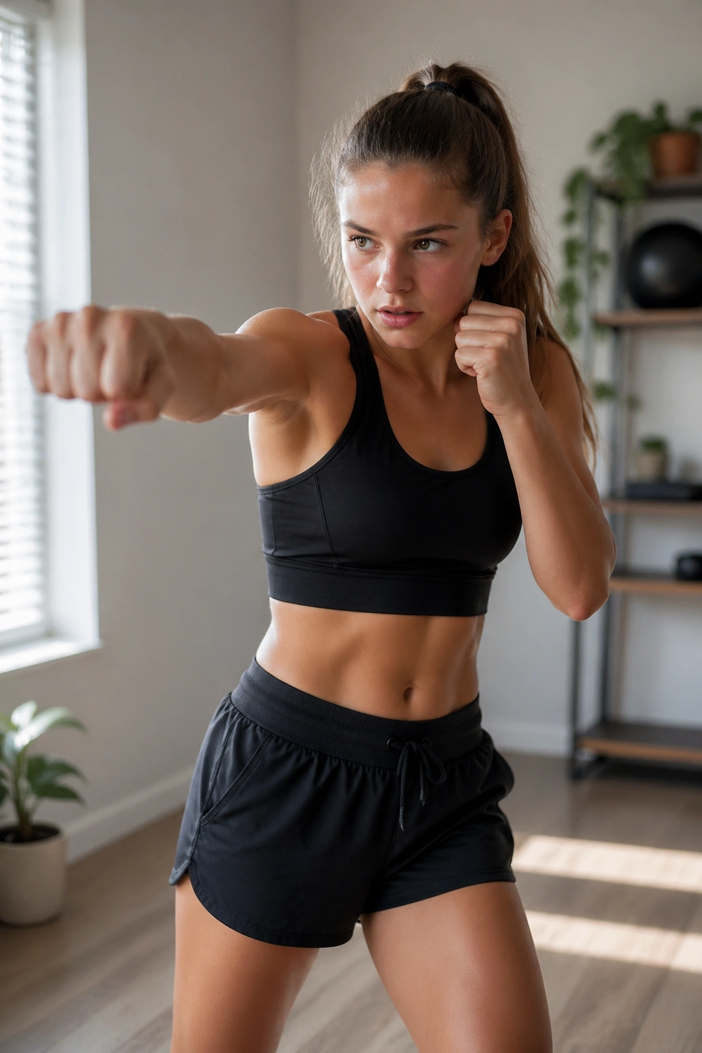 Teen girl shadow boxing in a bright home gym