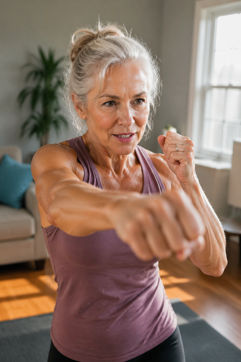 Real woman shadowboxing in a bright living room for cardio