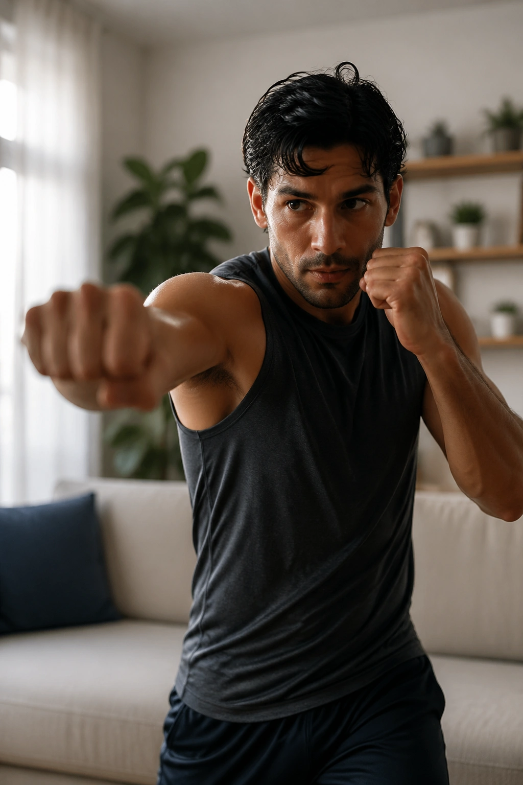 Person shadowboxing in a home space