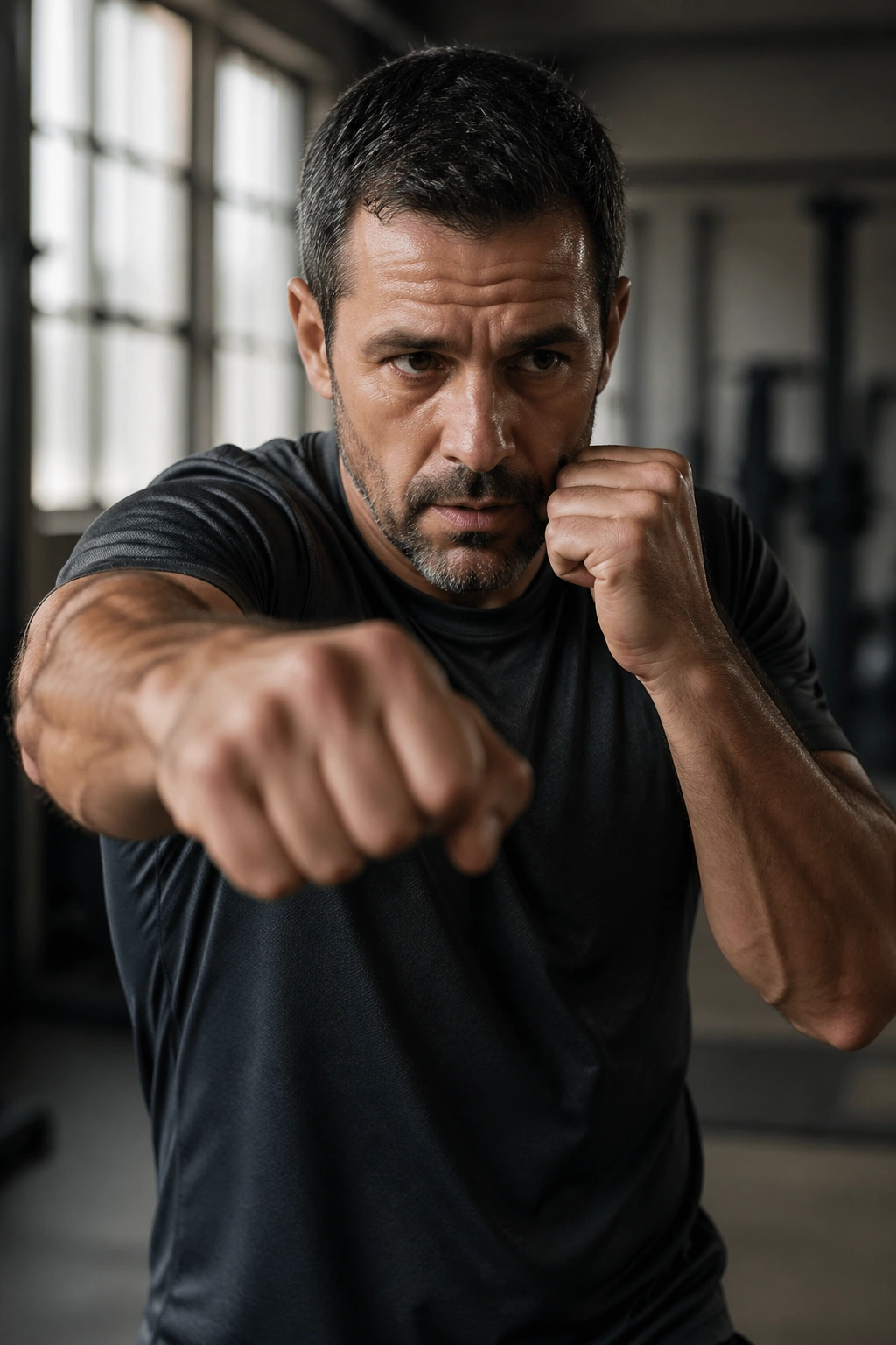 Close-up of a man shadow boxing in a gym, fists in motion and focused face