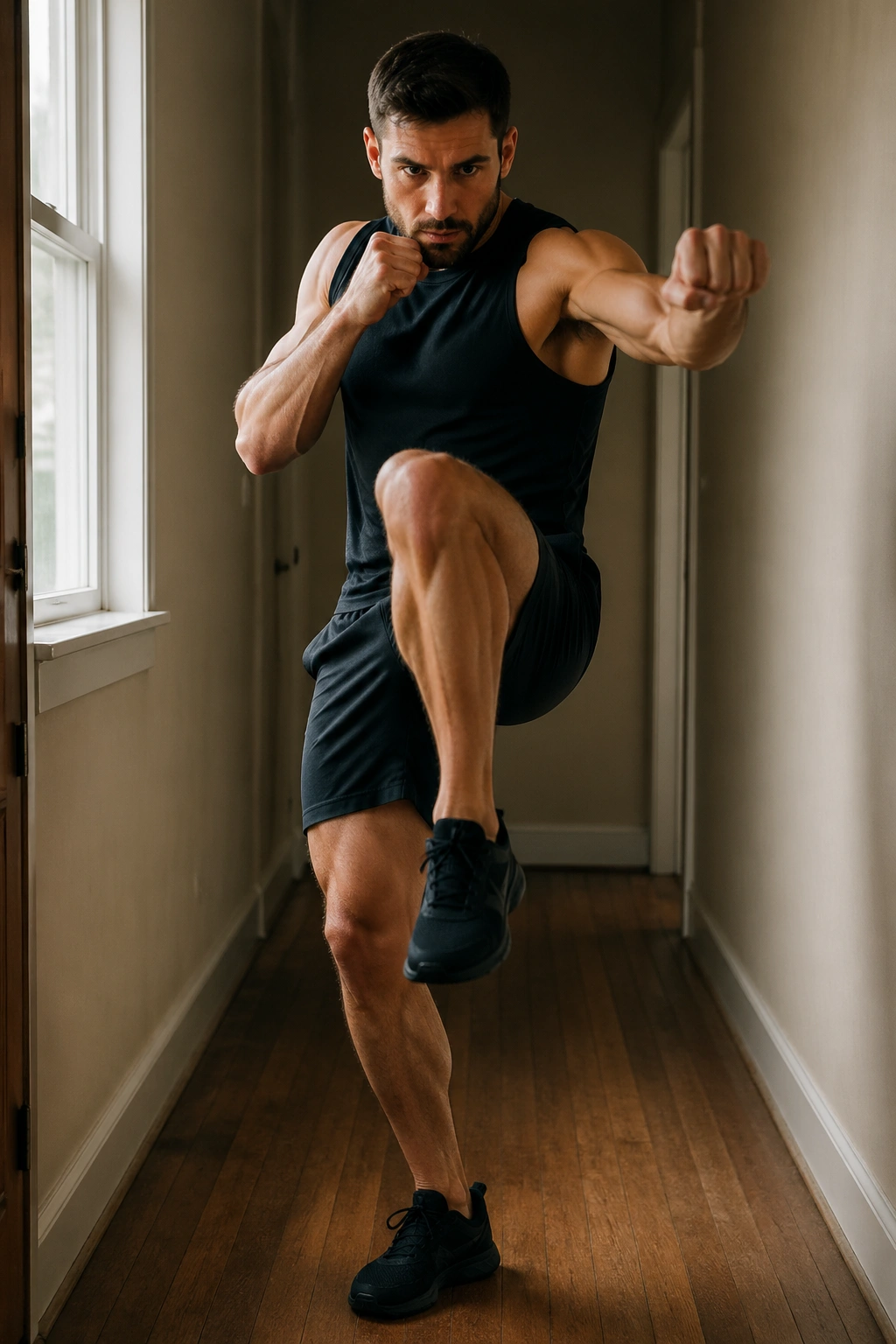 Medium-close portrait of a person shadowboxing with knee drives in a hallway