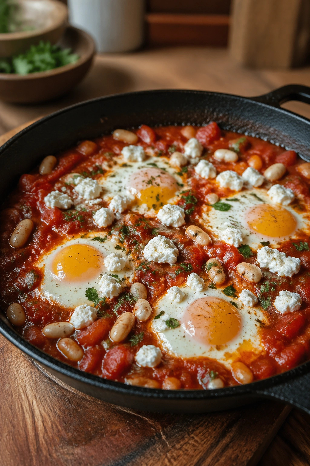 Close-up of shakshuka with white beans and feta in a skillet on a wooden counter