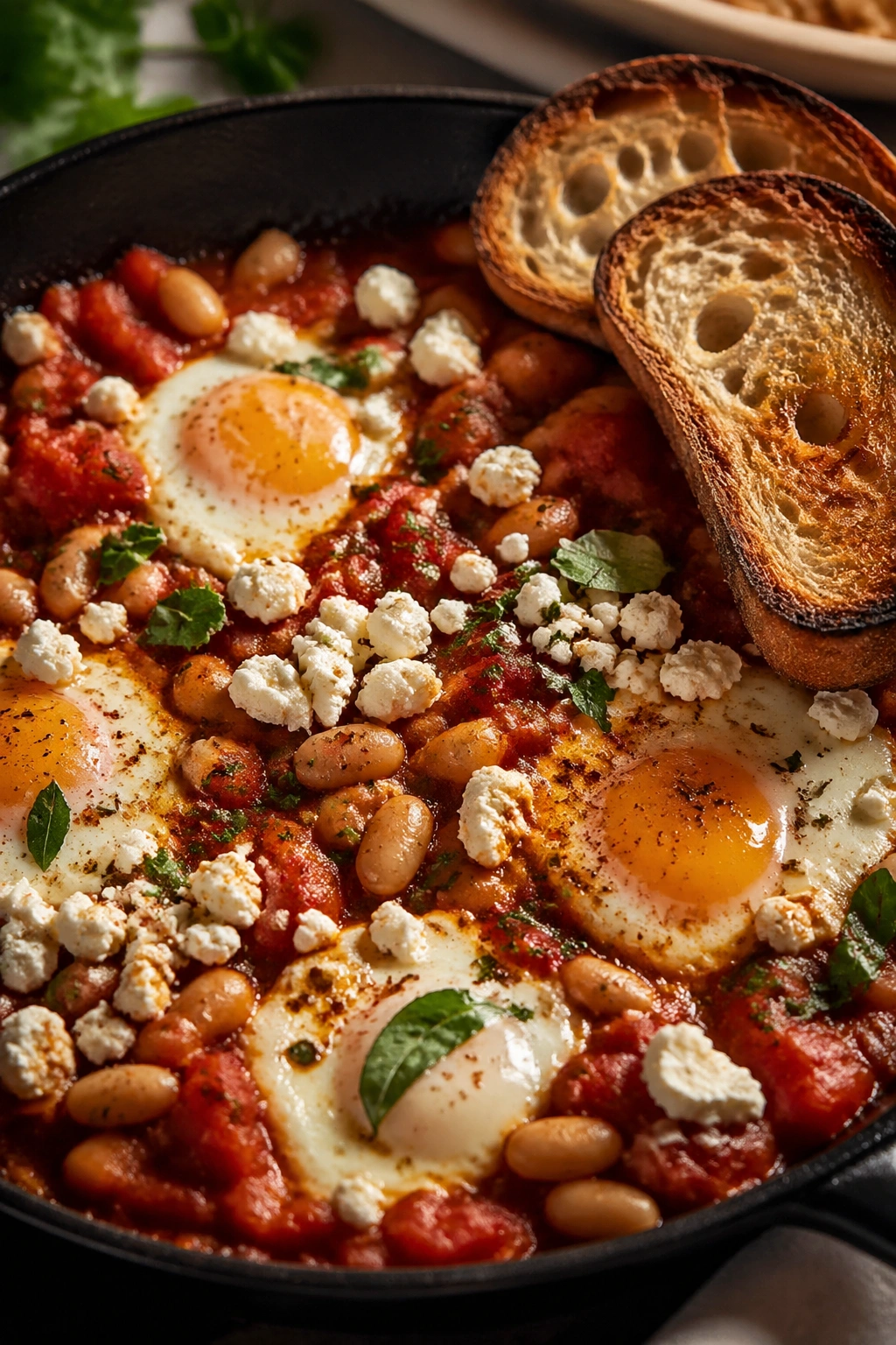 Close-up of shakshuka with eggs, white beans, and feta on a rustic plate beside slices of toasted sourdough