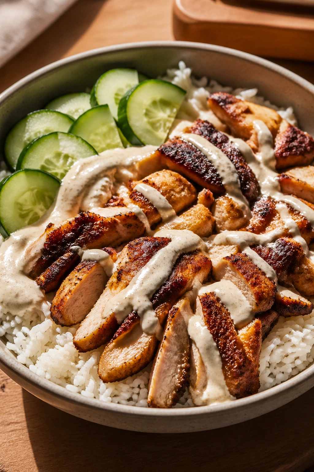 Close-up of Chicken Shawarma Rice Bowl with smoky chicken, rice, and cucumber in a sunlit kitchen