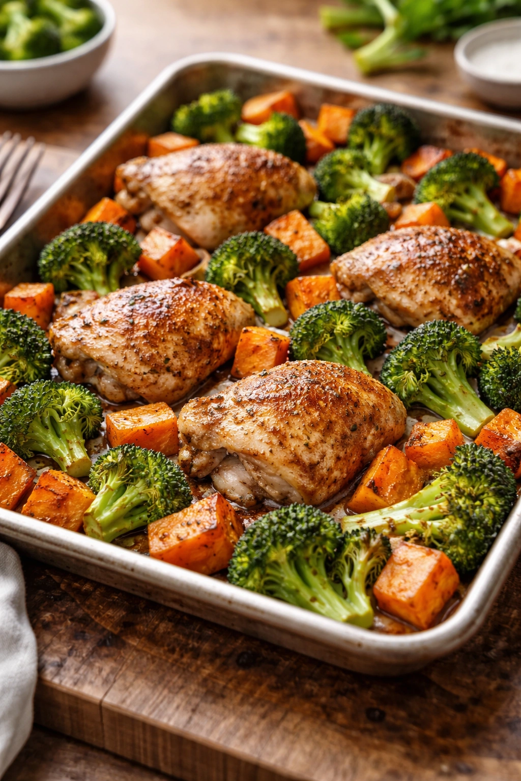 Close-up of sheet-pan chicken with sweet potatoes and broccoli, roasted to caramelized edges