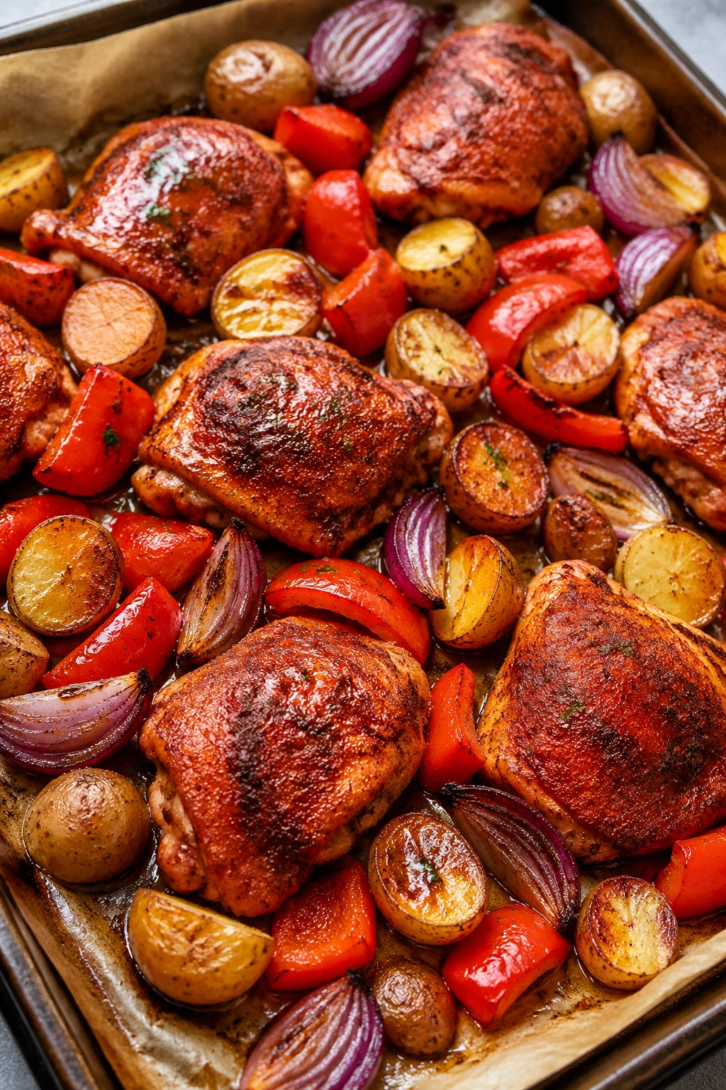 Roasted sheet-pan chicken and potatoes with paprika on parchment in a warm kitchen