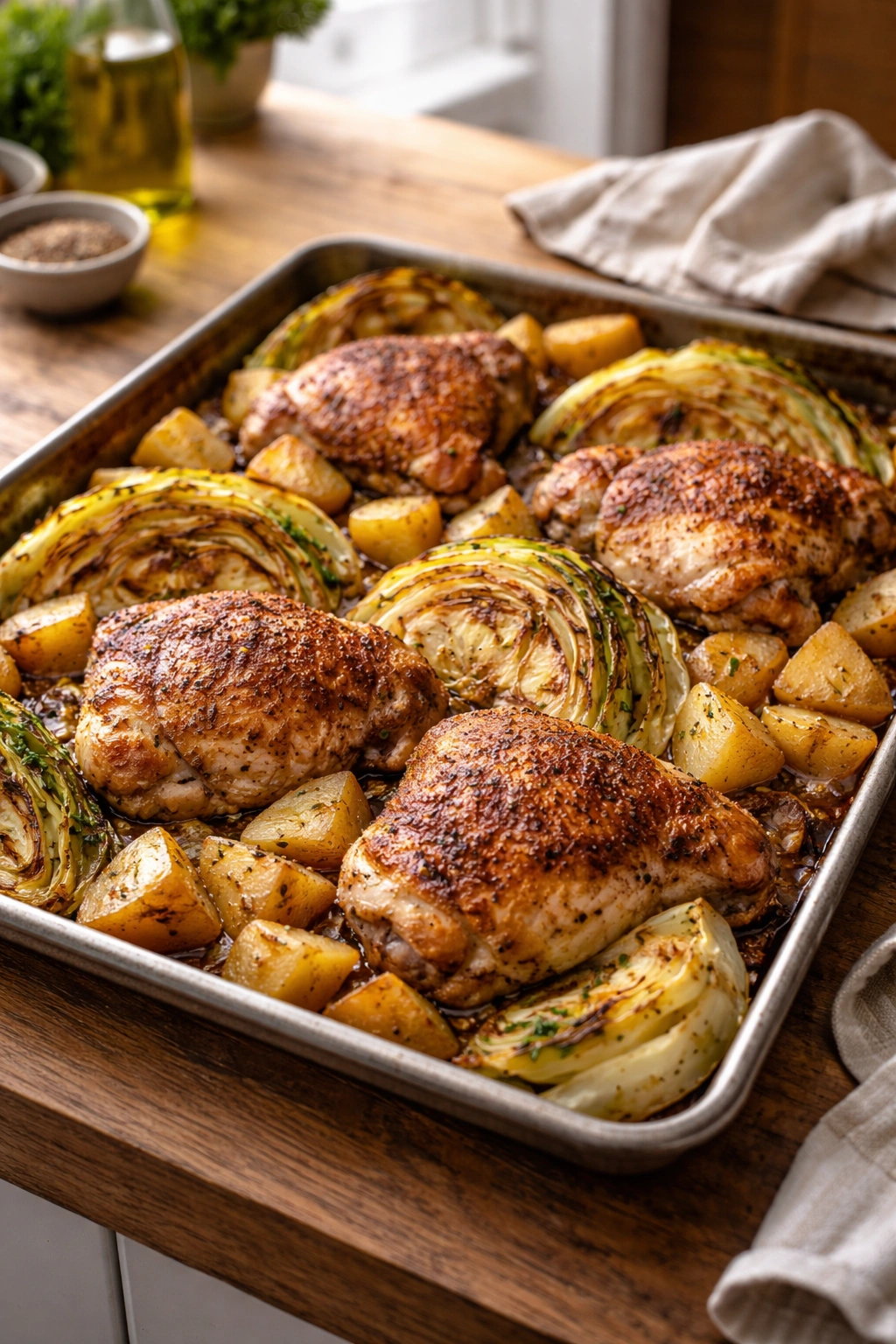 Close-up of sheet-pan dinner with crispy chicken thighs, cabbage, and potatoes on a wooden counter