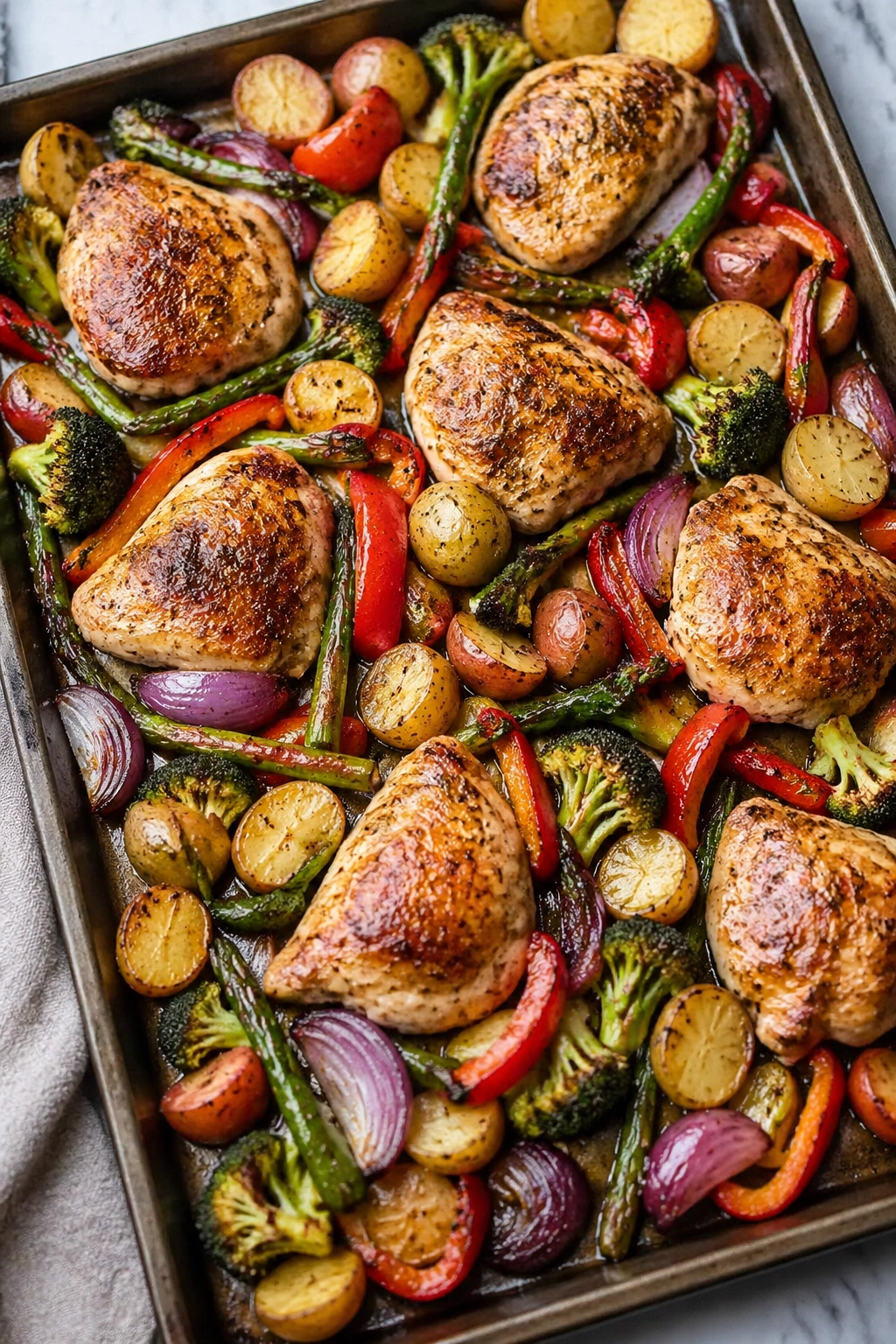 Top-down sheet pan with roasted chicken and vegetables.