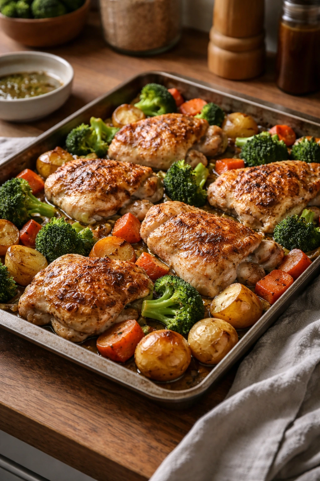 Close-up of sheet-pan roasted chicken thighs with broccoli, carrots and potatoes