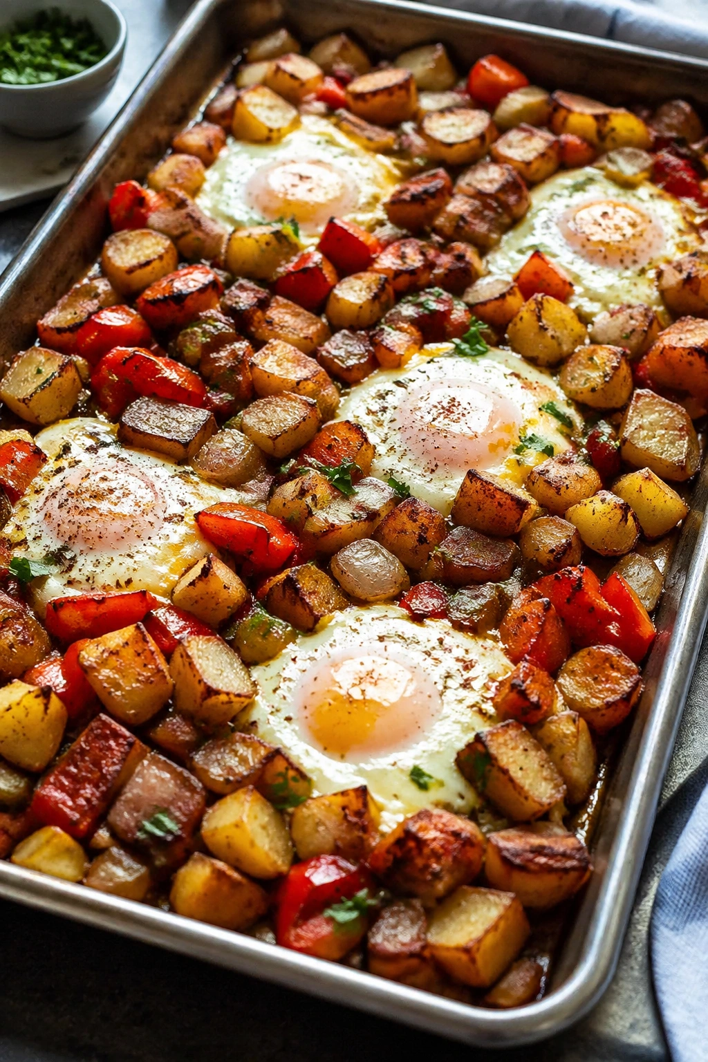 Close-up of sheet-pan bake with potatoes, peppers, onions and eggs filling the pan