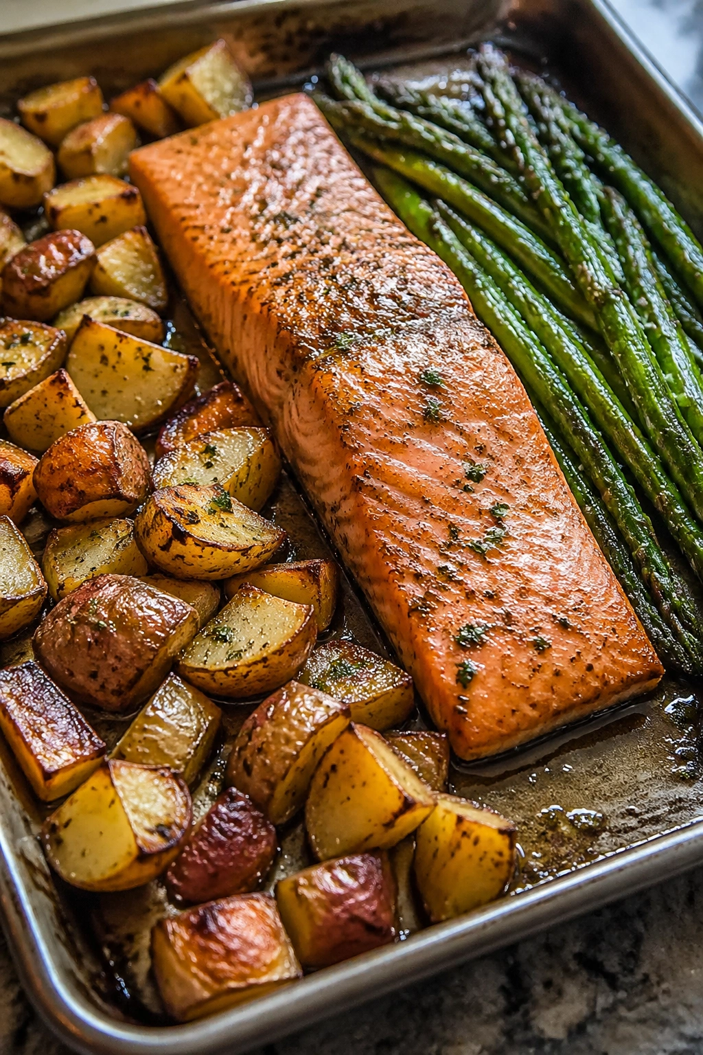 Close-up of sheet-pan salmon, potatoes, and asparagus on a kitchen counter
