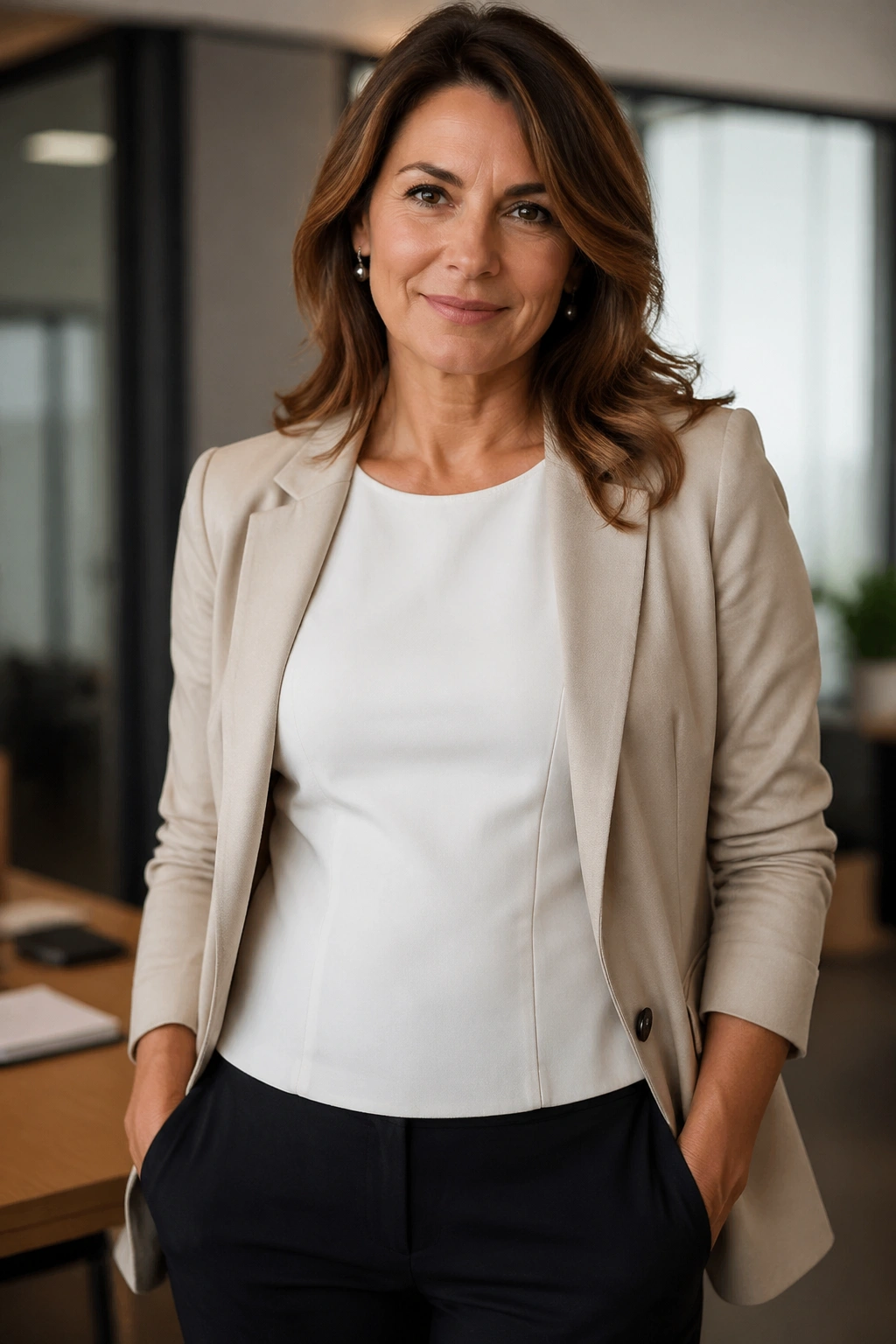 Woman in a structured shell top under a lightweight blazer.