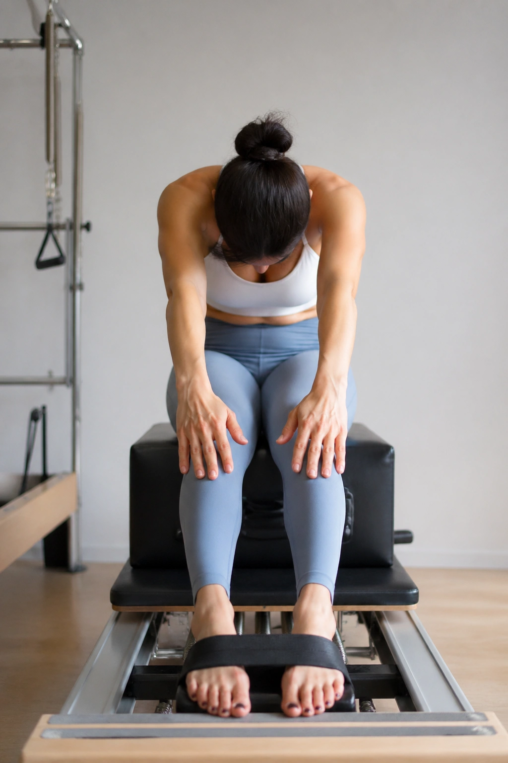Short box abs series on reformer showing rounded spine and engaged core