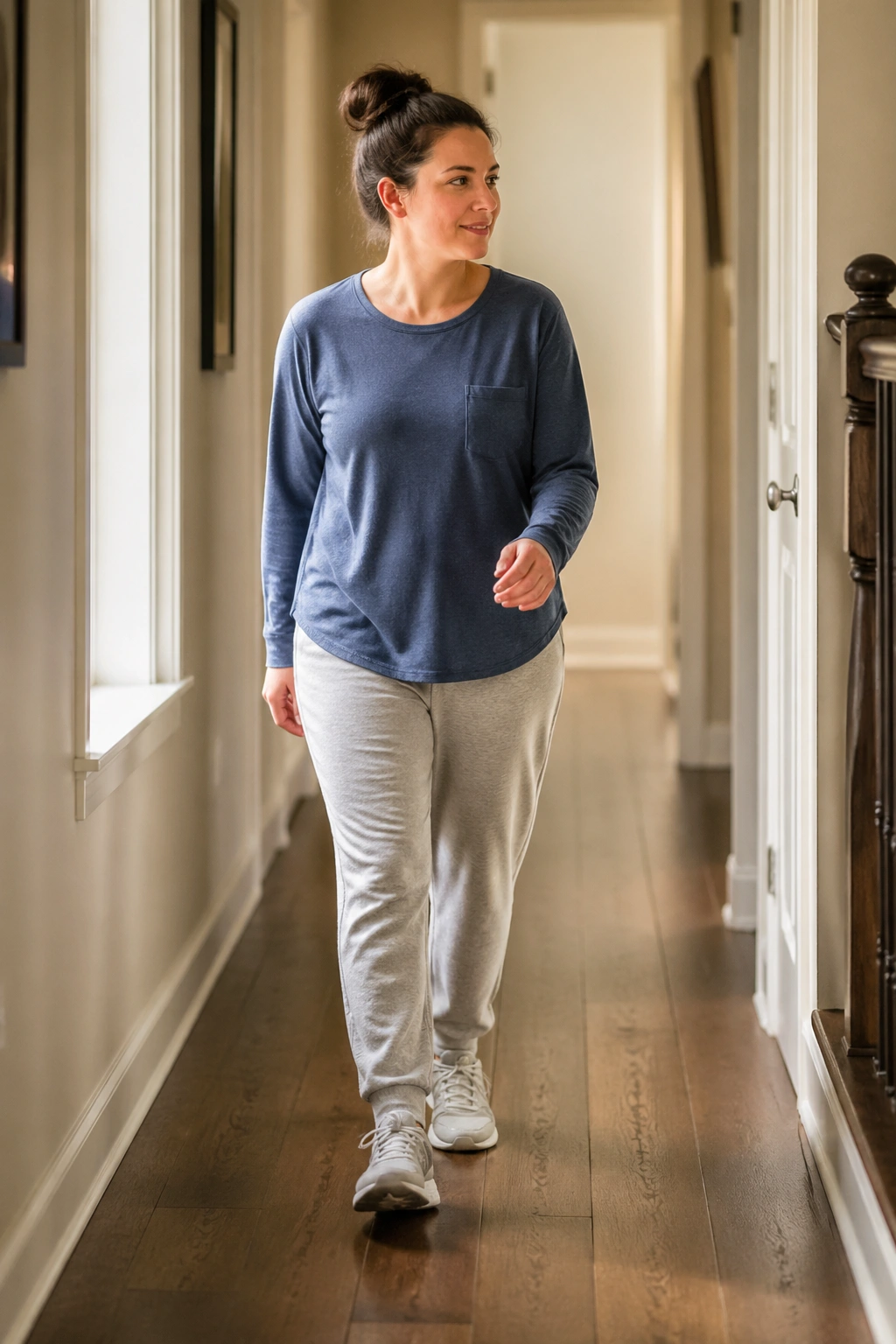 Postpartum woman walking slowly down a sunlit hallway