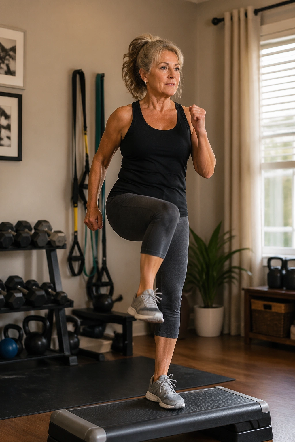 Mid-shot of a woman over 50 performing a short interval workout on a step platform