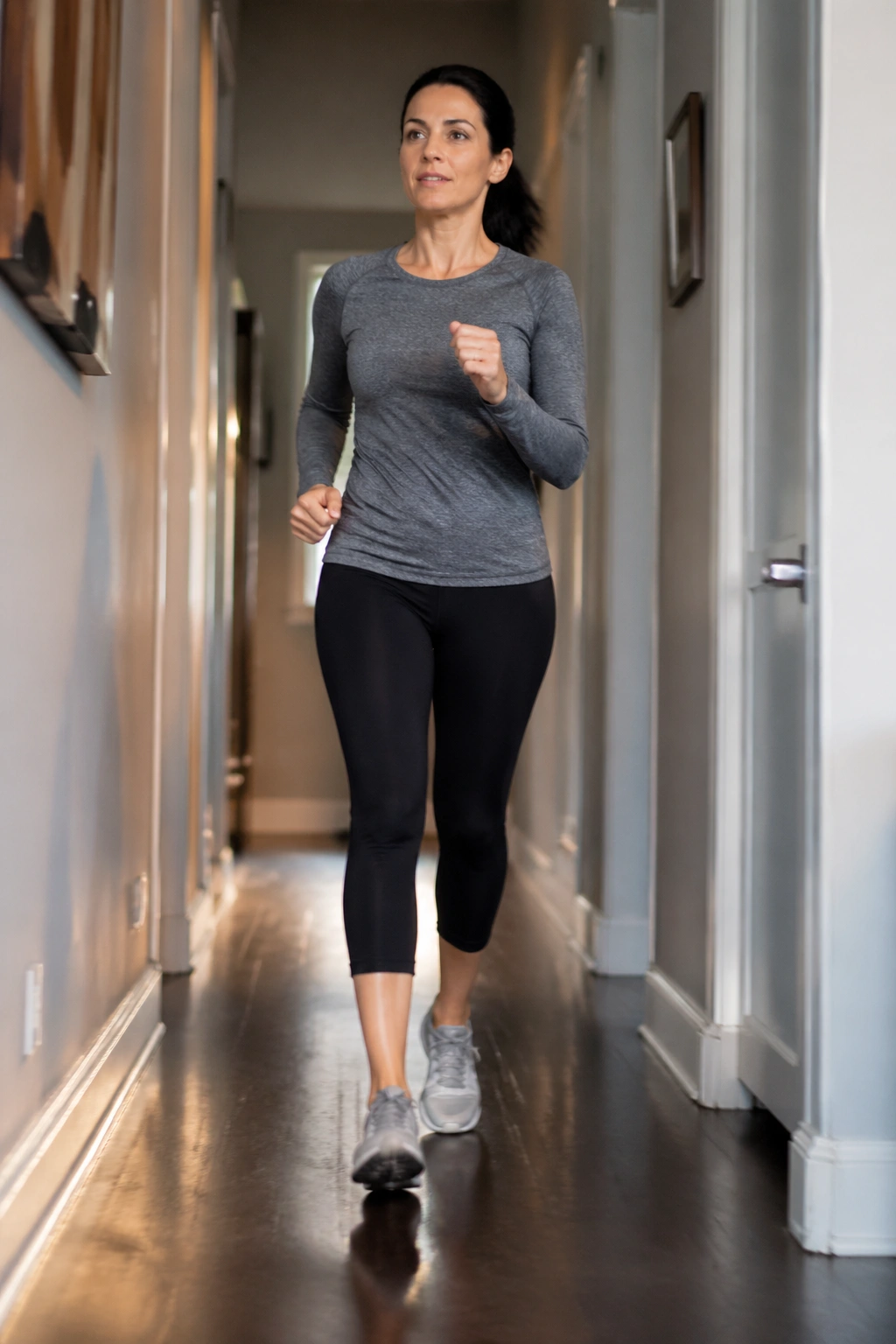 Real person power-walking with short strides in a compact indoor space