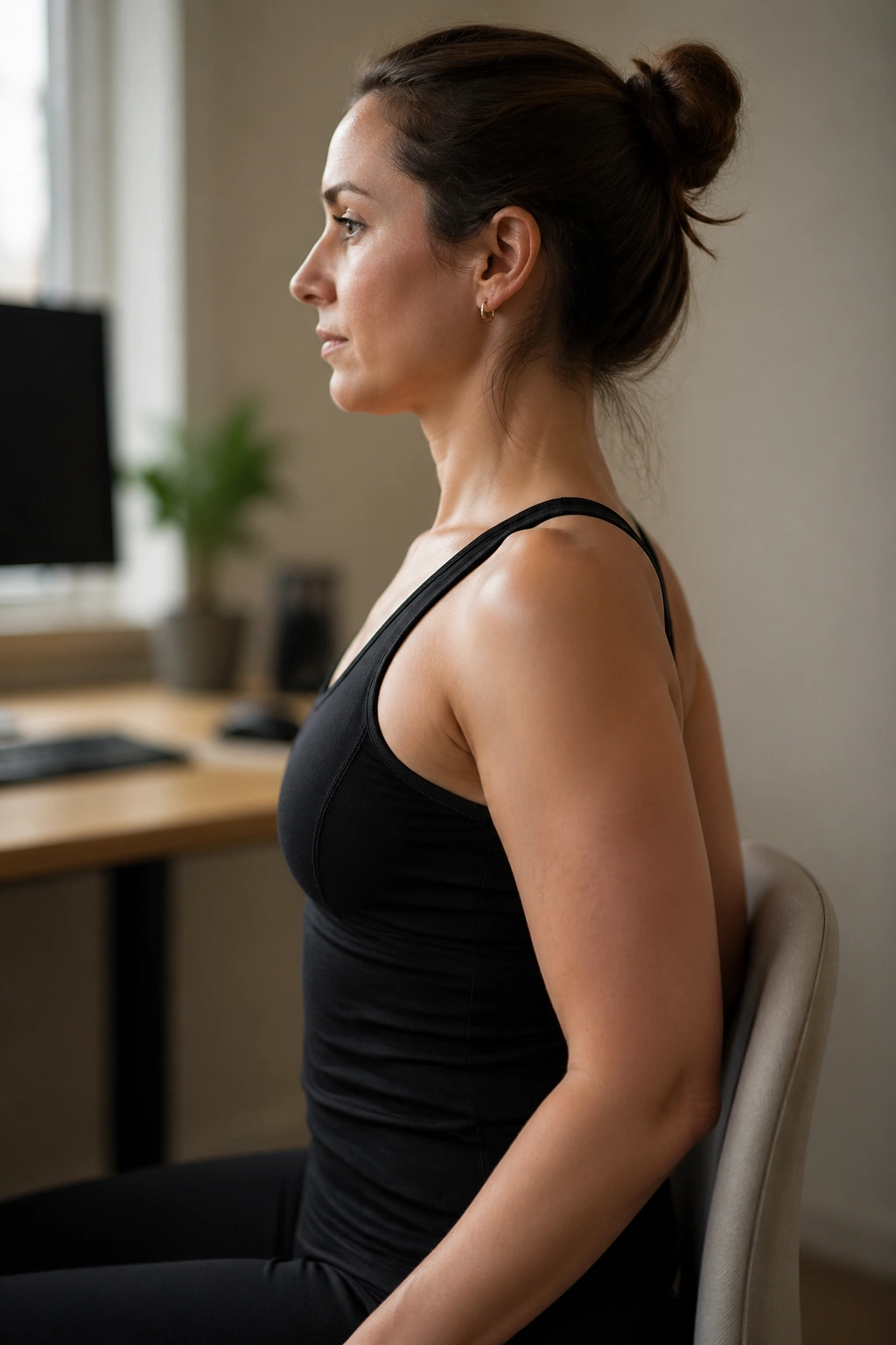 Close-up of a real person performing Shoulder Blade Slides at a desk