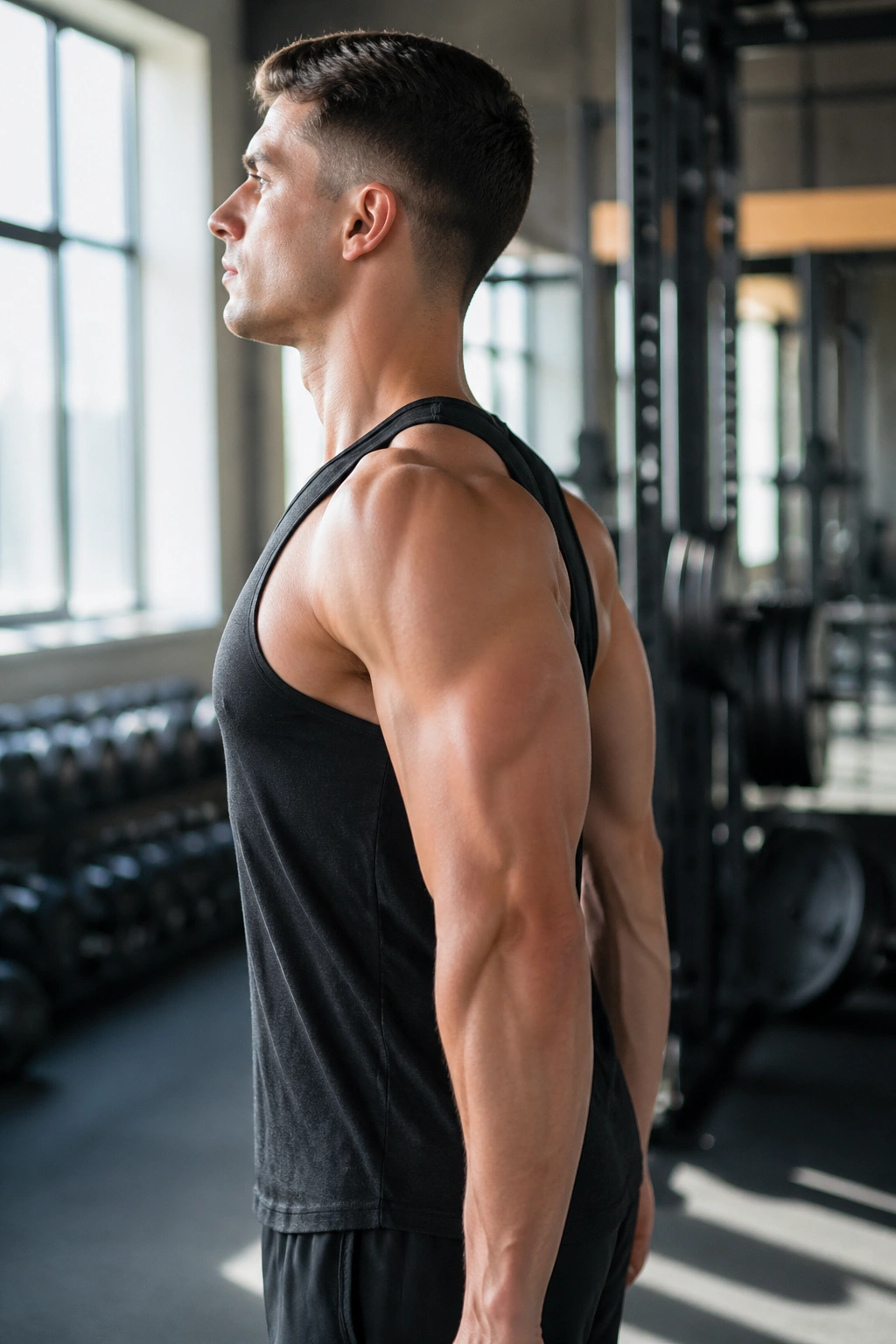 Profile view of a person performing shoulder blade squeezes to improve posture