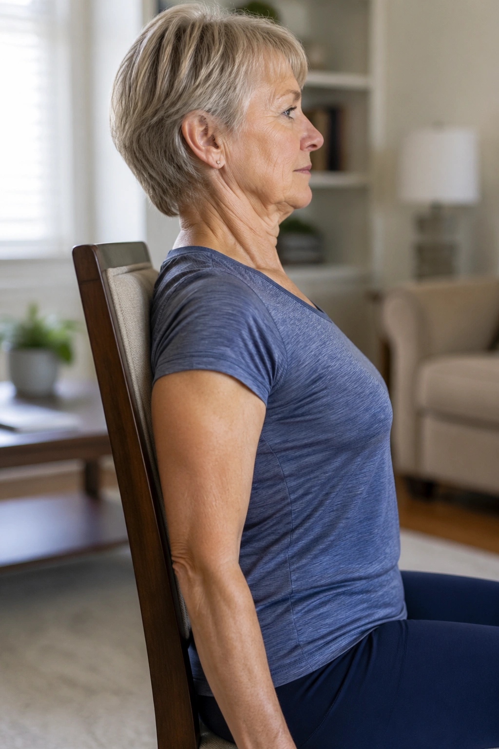 Senior performing shoulder blade slides against chair back.