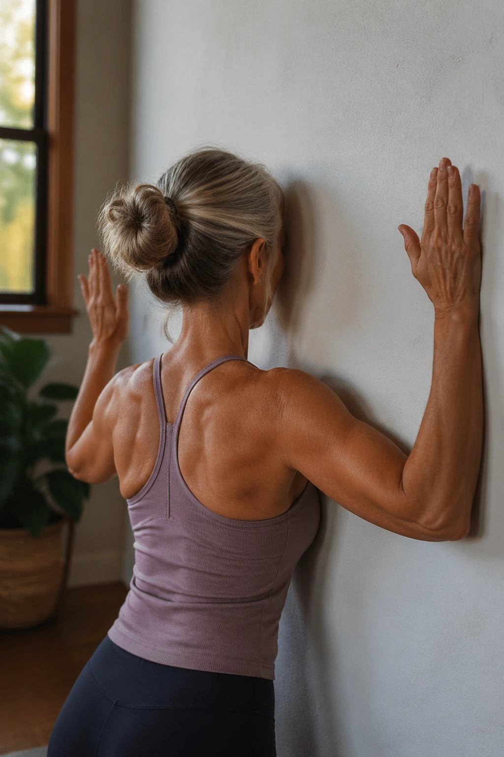 Close-up of a real person performing shoulder blade squeezes against a wall