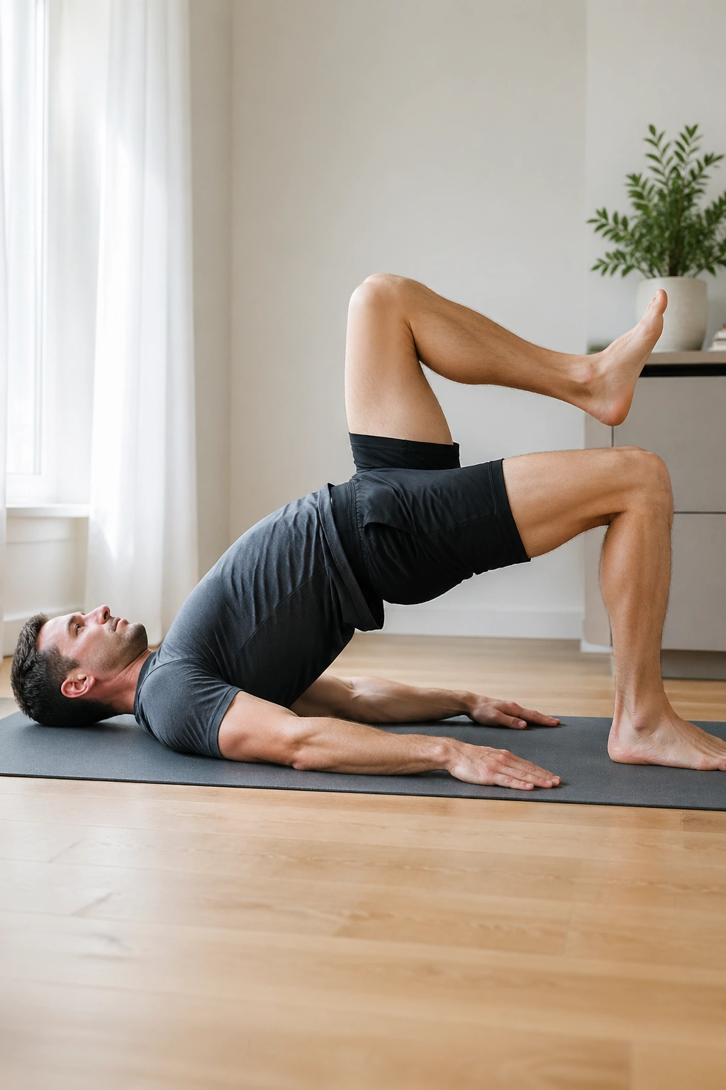Person performing shoulder bridge with leg march on mat