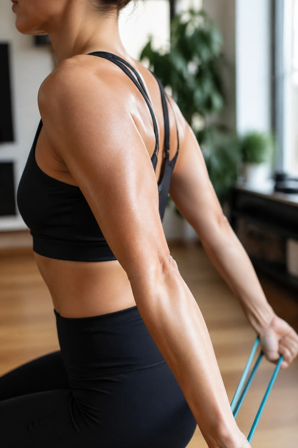 Close-up of a real person's shoulder and triceps during a light-weight Pilates arm exercise
