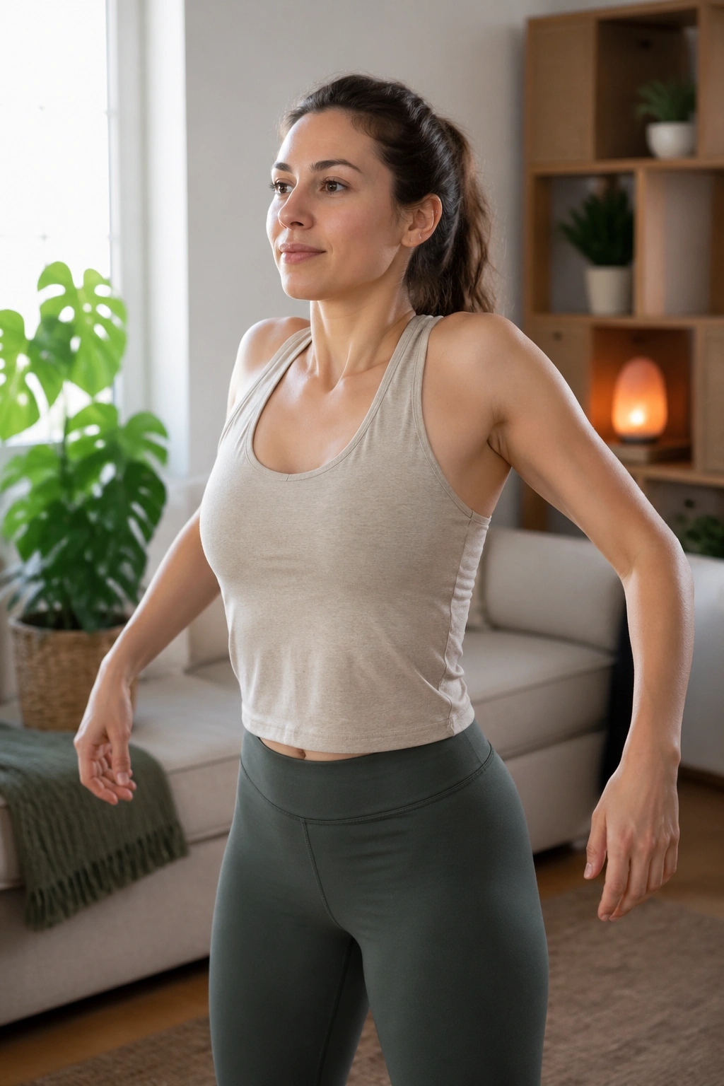 Real person performing shoulder rolls and arm circles in a home setting.