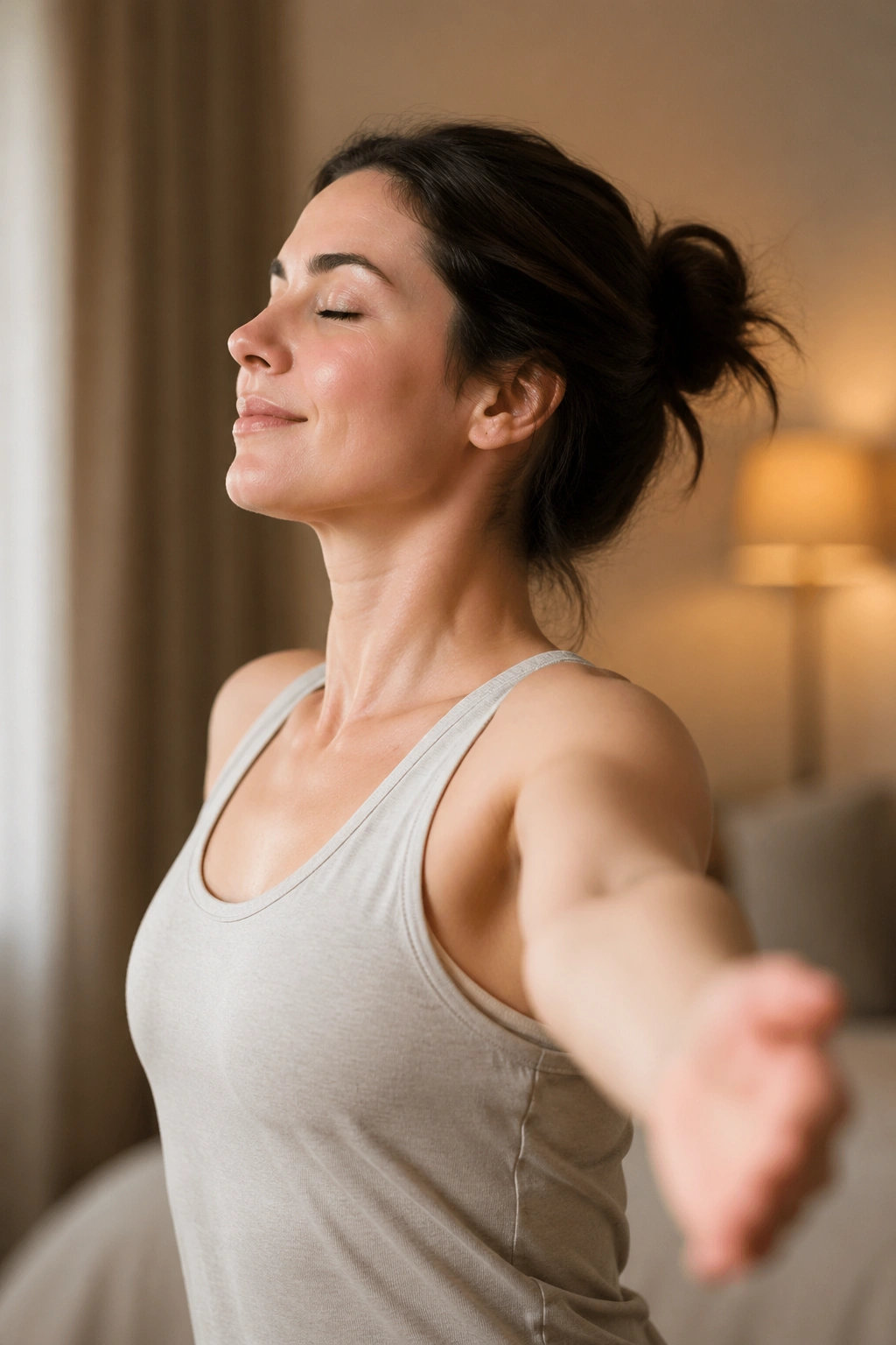 Shoulder rolls and chest openers performed by a real person in a cozy indoor space