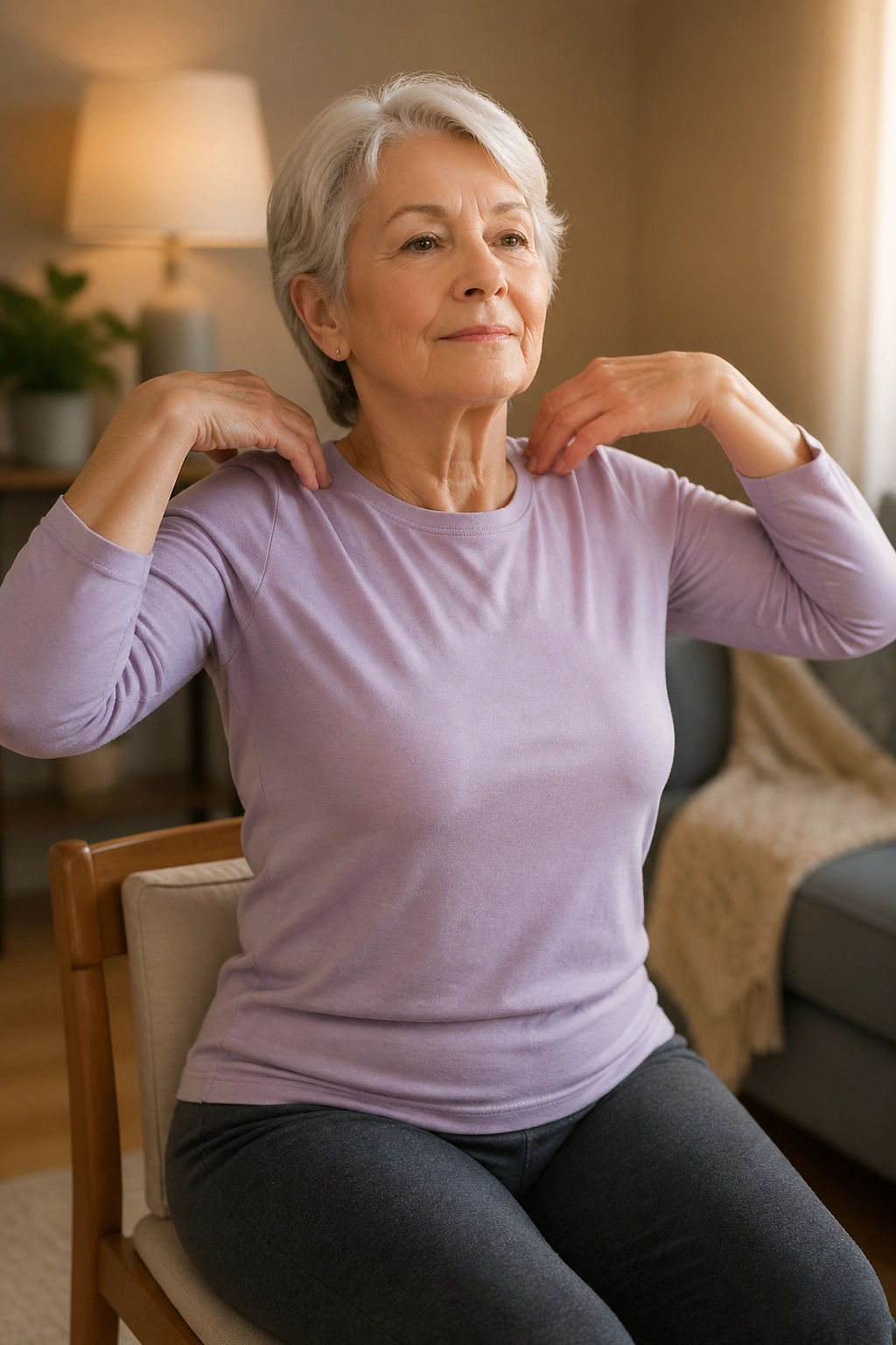 Senior performing shoulder shrugs and circles in chair