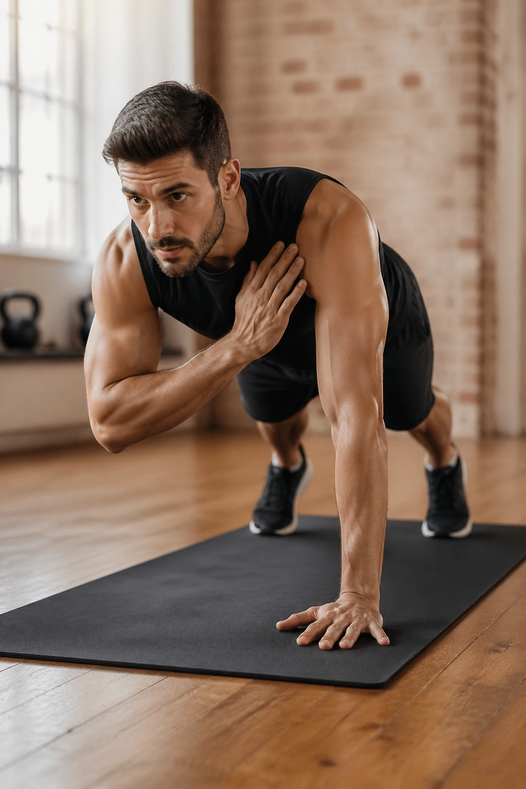 Medium close up of a person performing shoulder taps in a high plank
