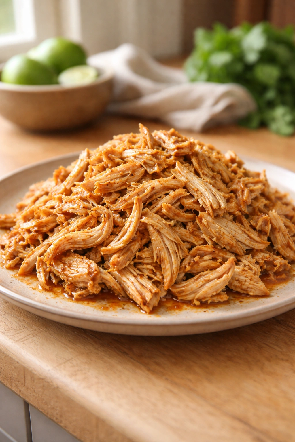 Shredded chicken on a plate with warm kitchen background