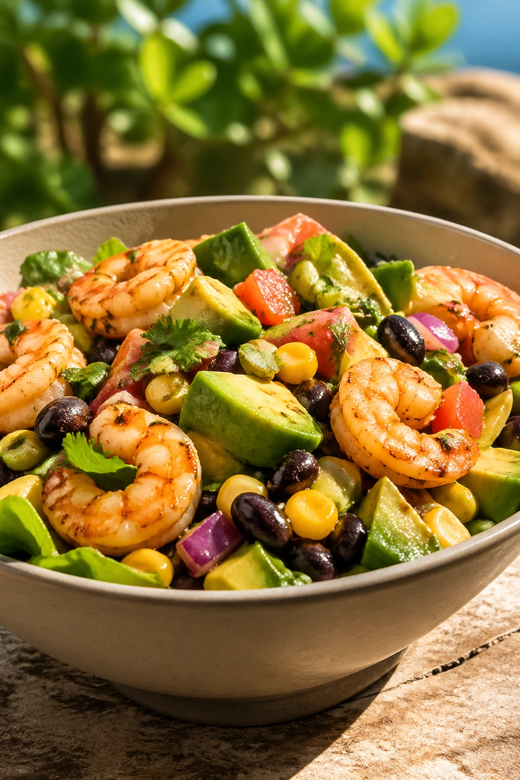 Close-up of shrimp salad with avocado, corn, and black beans in a bowl