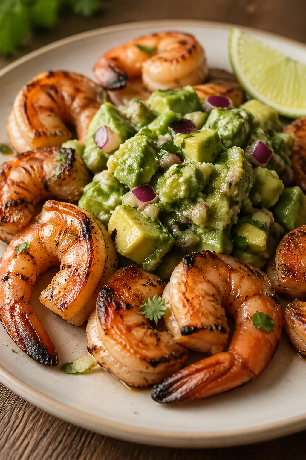 Grilled shrimp with avocado salsa on a plate