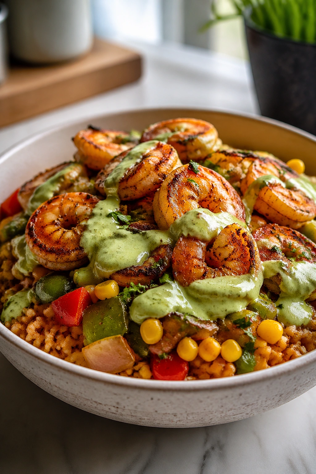 Close-up of Shrimp Cajun Rice Bowl with shrimp and avocado-lime sauce