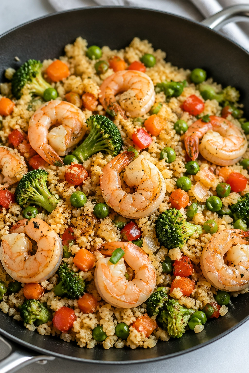 Shrimp and cauliflower rice stir-fry in a skillet.