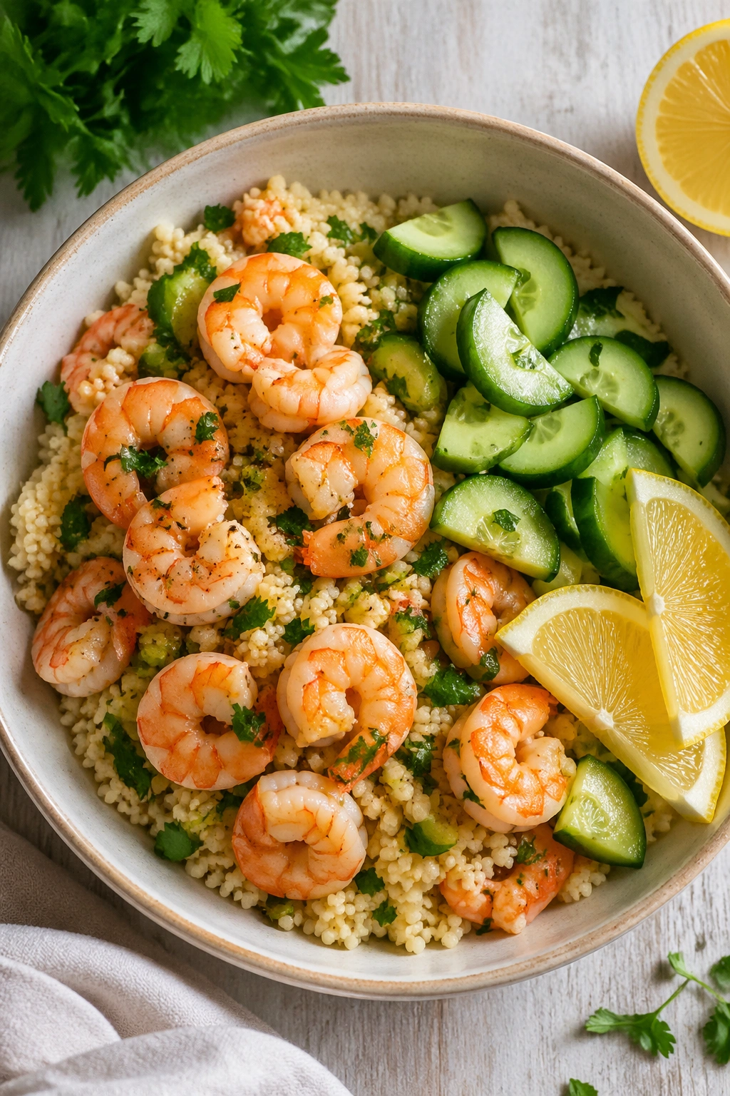 Shrimp couscous bowl with cucumber and lemon for post-workout lunch