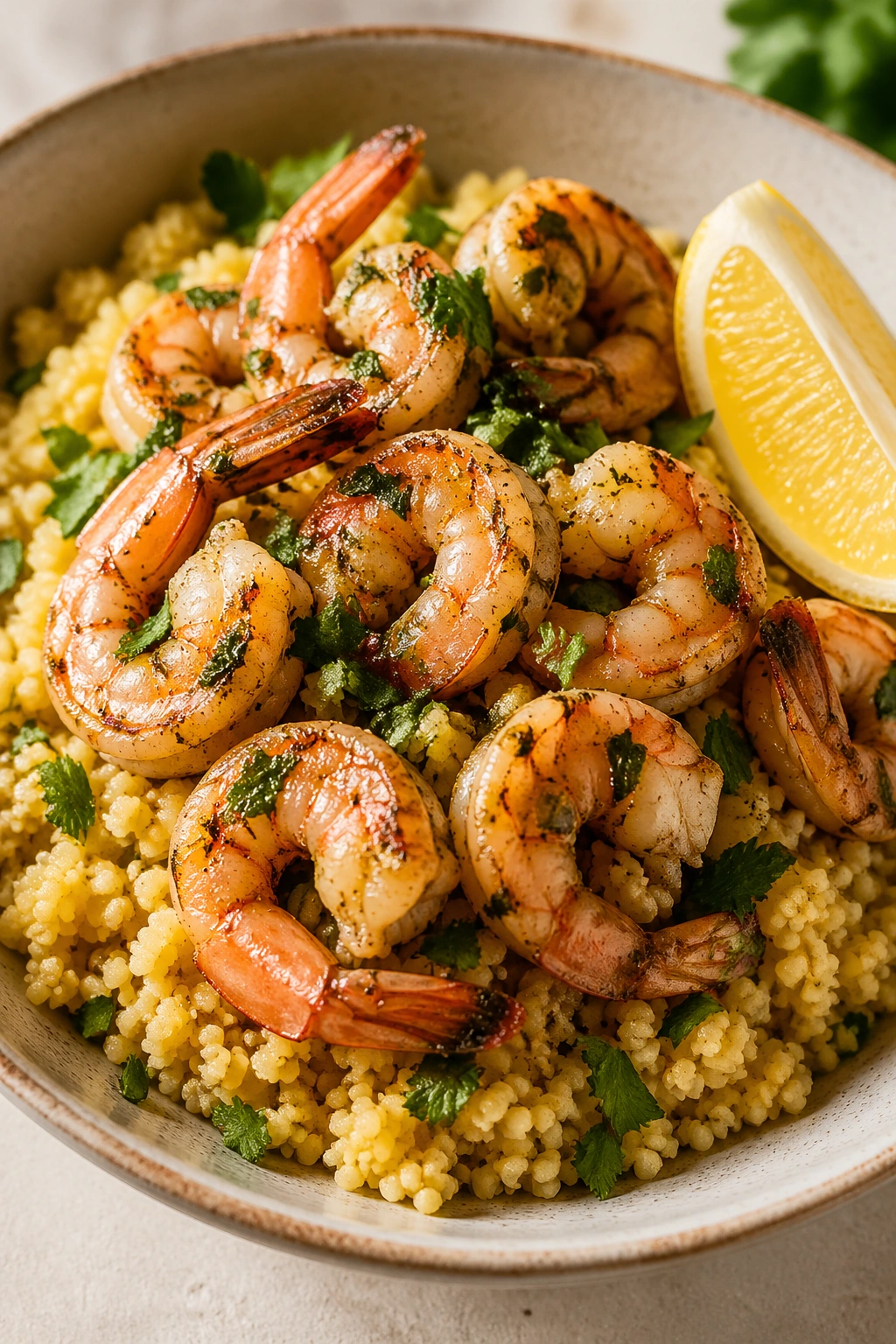 Shrimp over couscous with lemon in a bowl