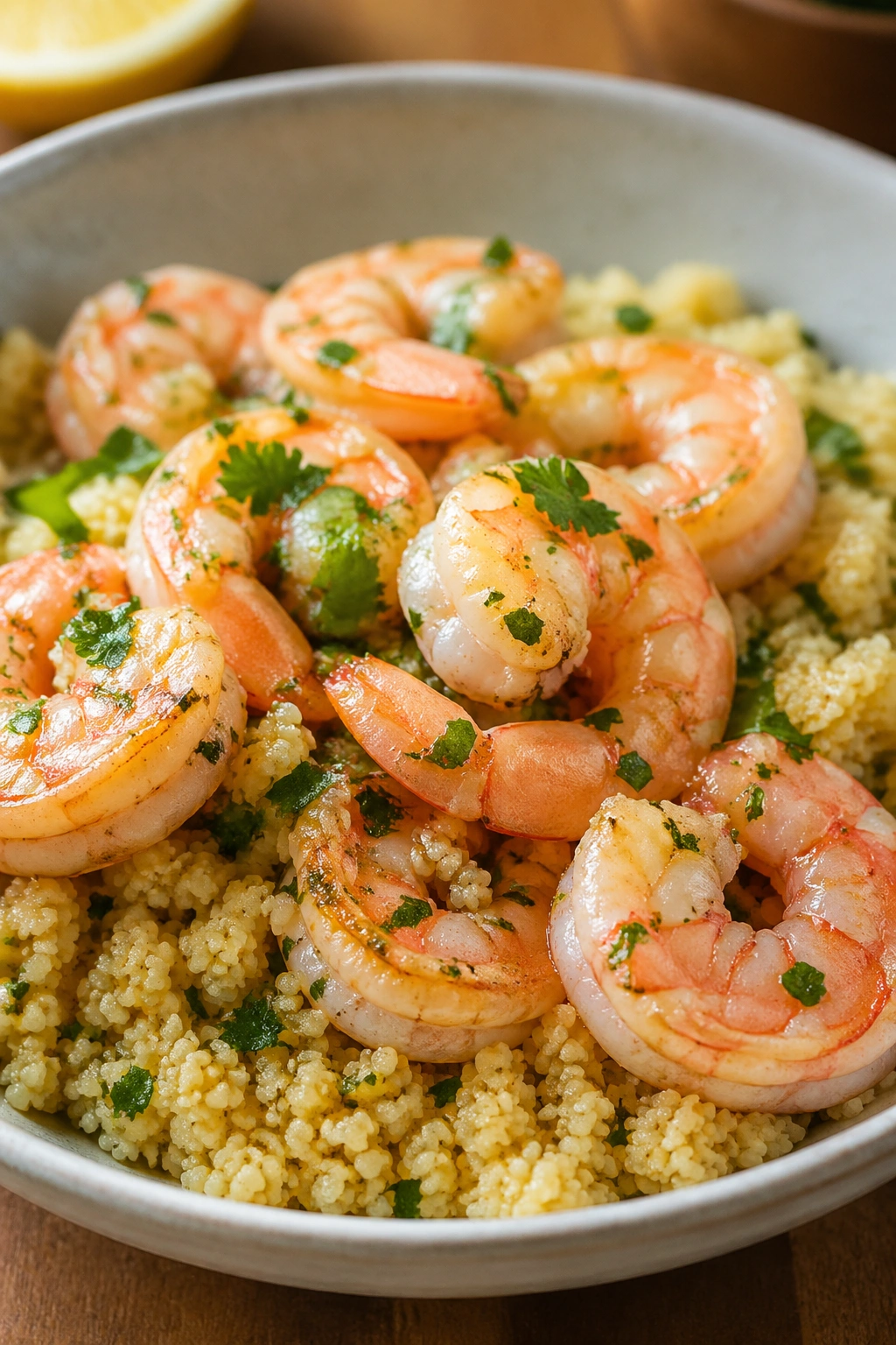 Close-up of shrimp and couscous bowl with lemon drizzle