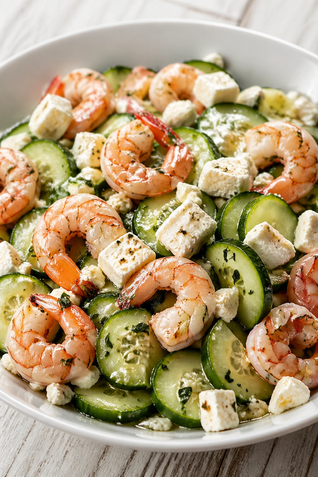 Close-up of Shrimp Cucumber Feta Salad in a bowl