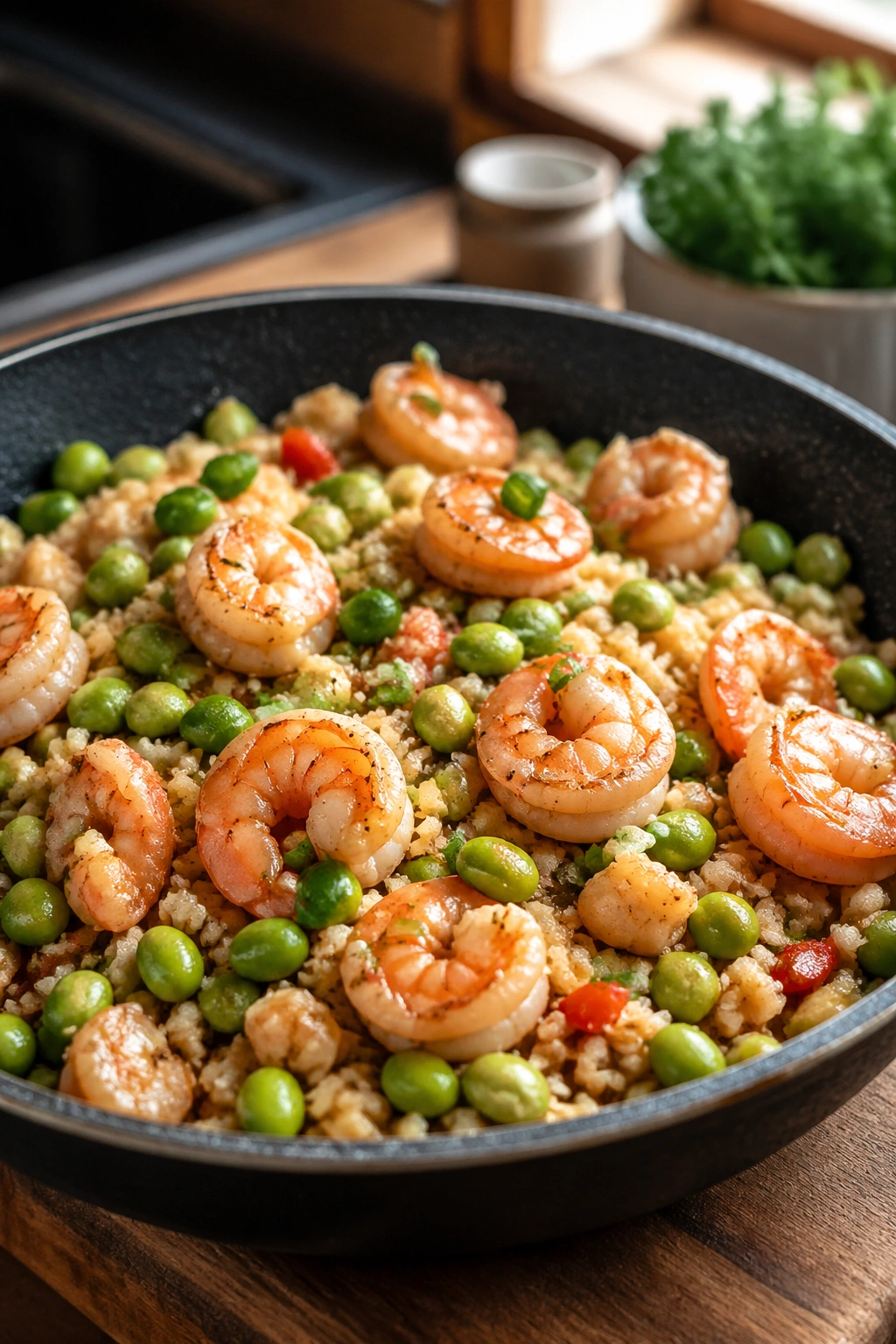 Close-up of shrimp stir-fry with edamame and cauliflower rice in a skillet