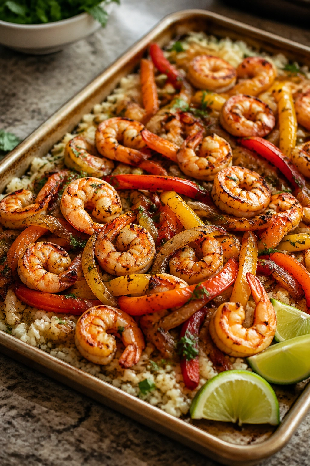 Close-up of sheet-pan shrimp fajita bowls with peppers and onions