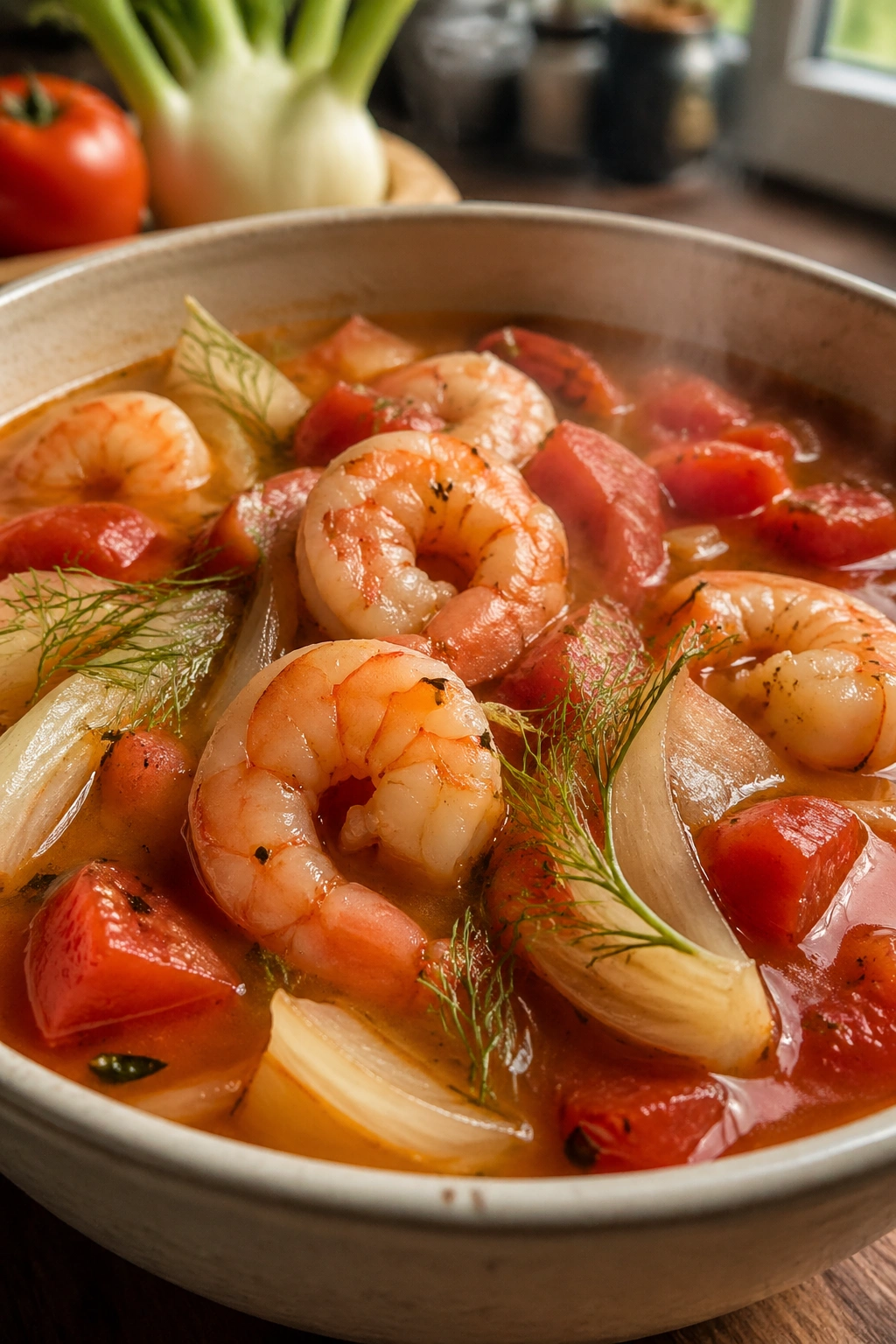 Close-up of shrimp fennel tomato soup in a bowl with visible shrimp and fennel in broth