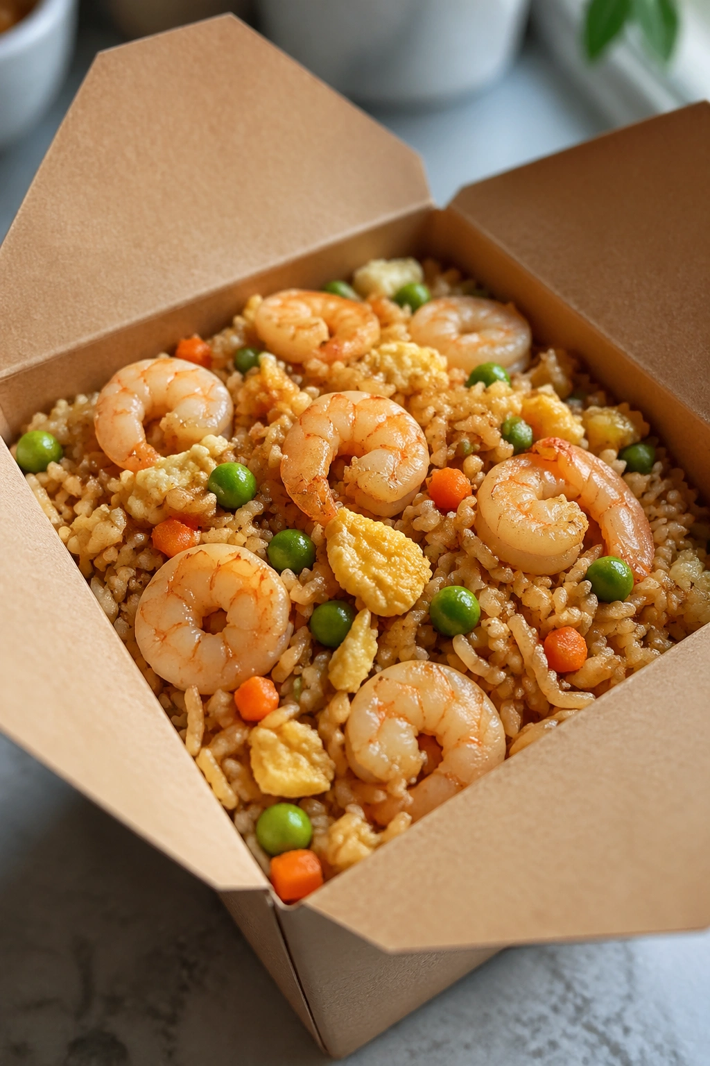 Close-up of Shrimp Fried Rice in a takeout box
