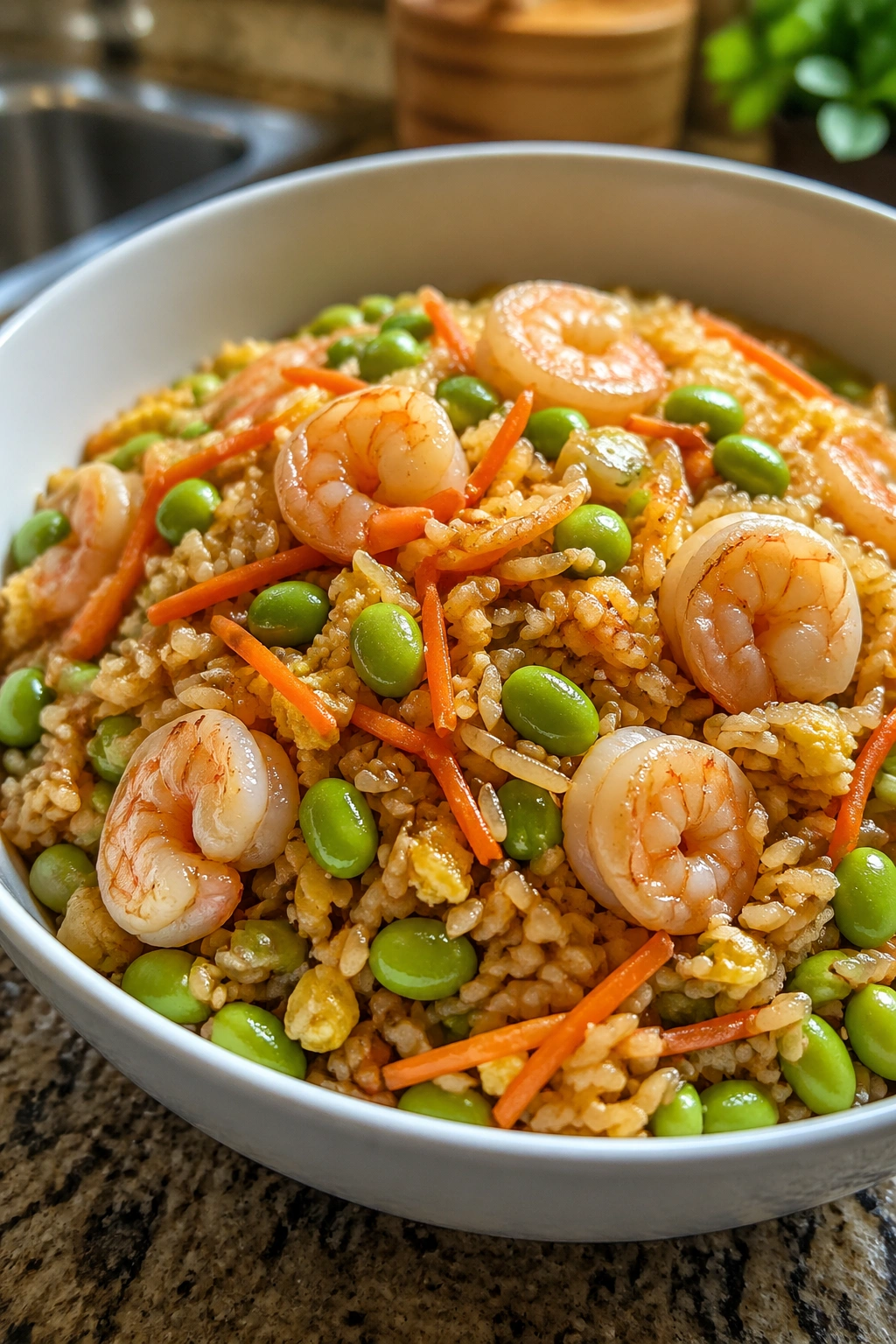 Close-up of shrimp fried rice with edamame and carrots in a bowl on a kitchen counter