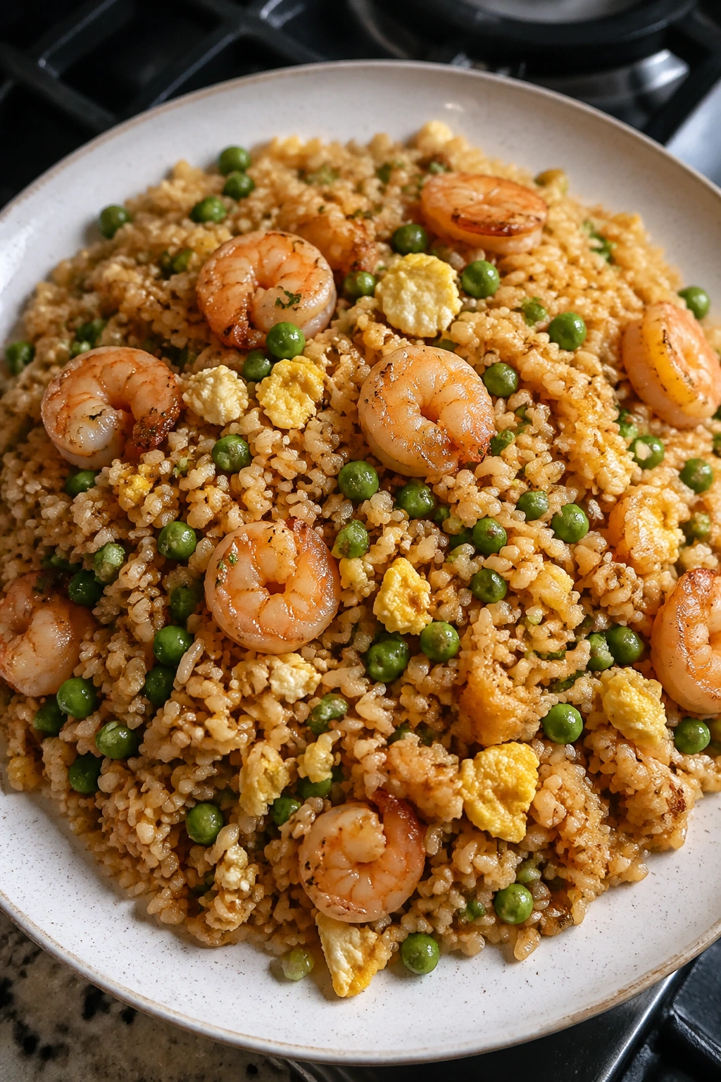 Close-up of shrimp fried rice with eggs and peas on a plate