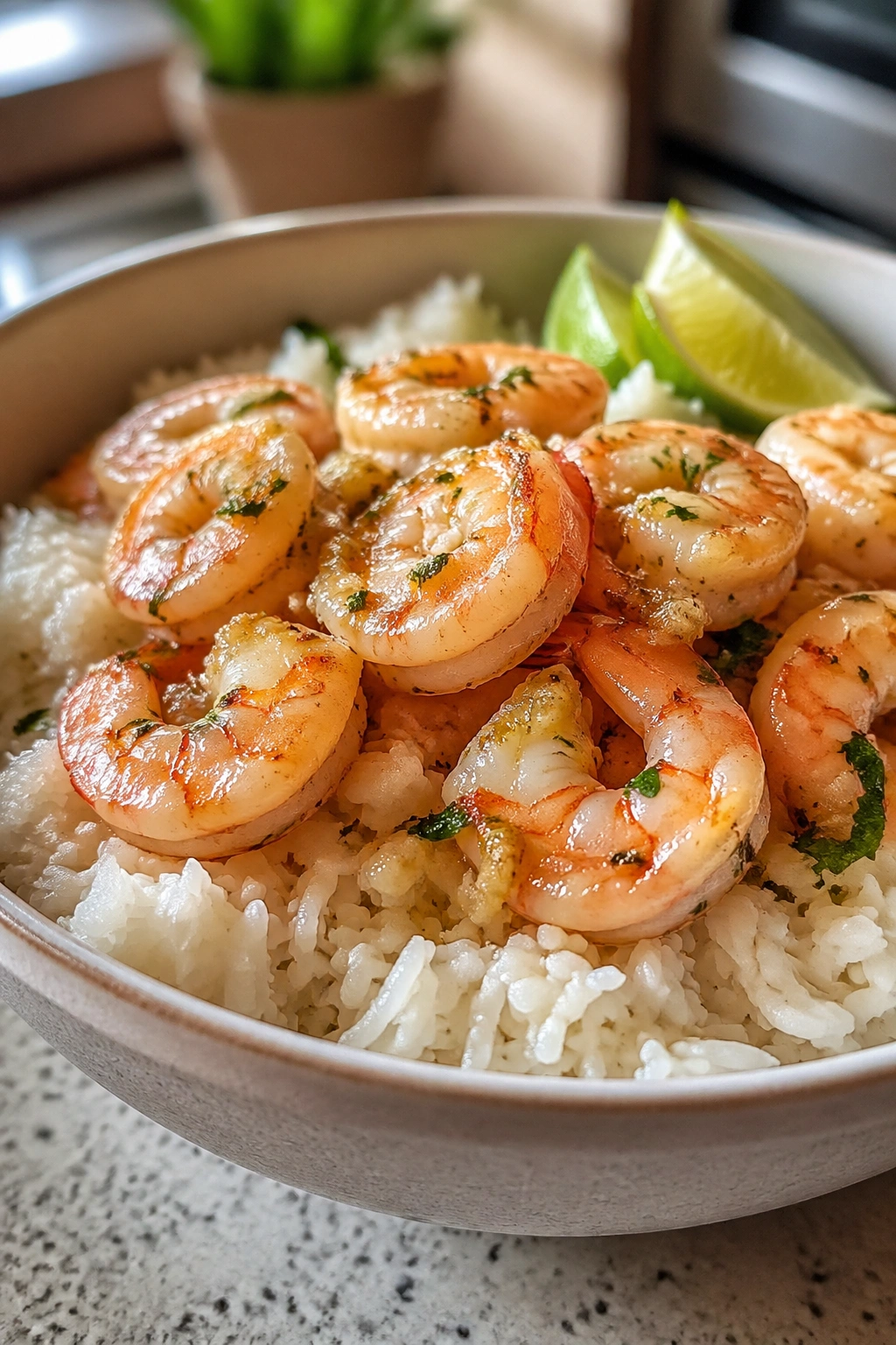 Close-up of shrimp over jasmine rice in a bowl, lean post-workout recovery meal