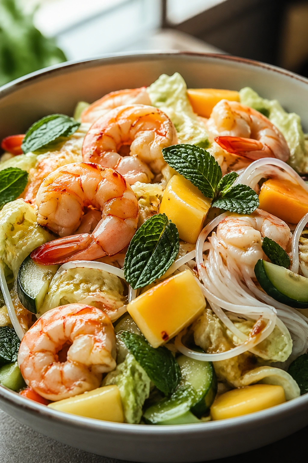Close-up of shrimp mango rice noodle salad in a bowl